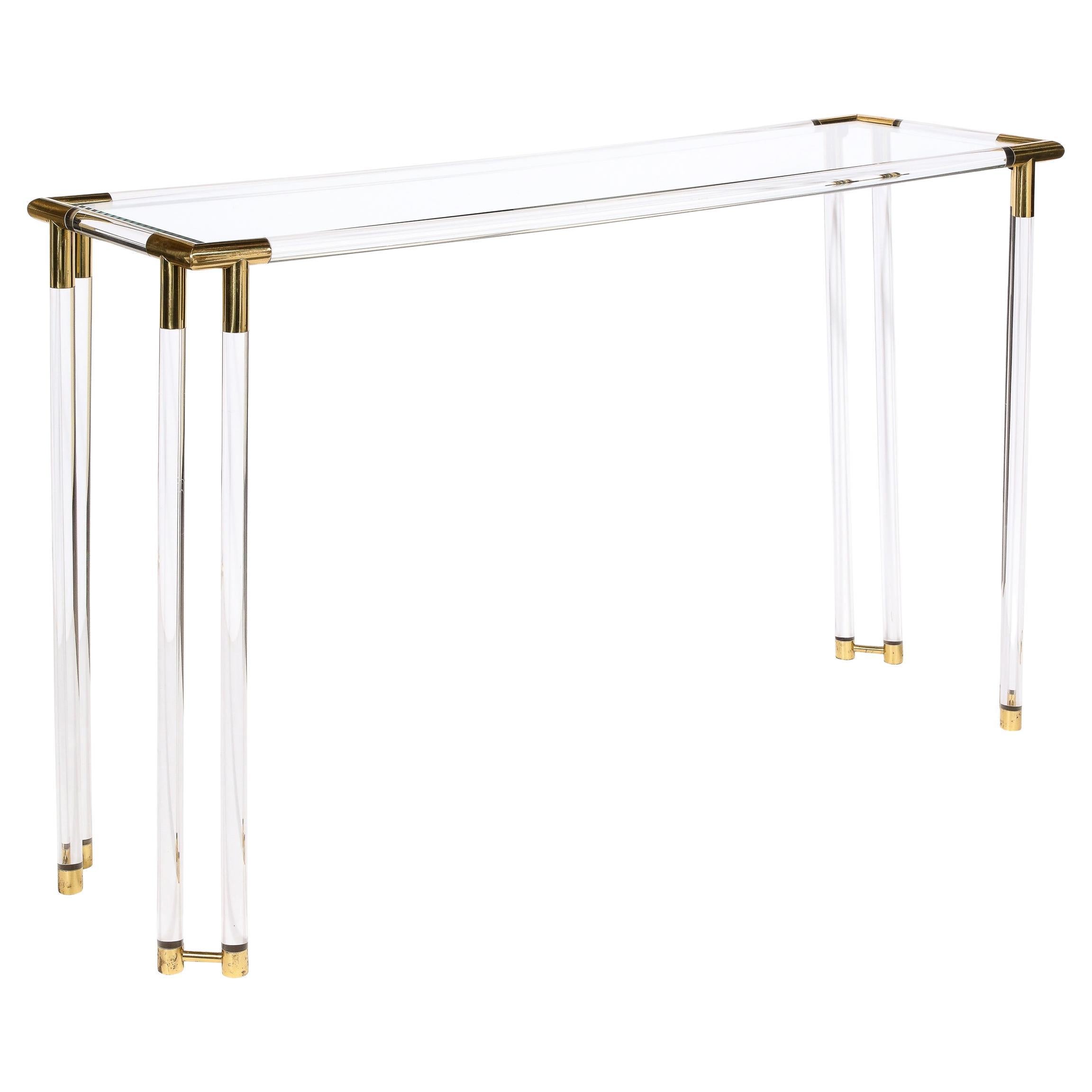 Mid-Century Modern Glass Console Table with Brass Joints & Lucite Supports
