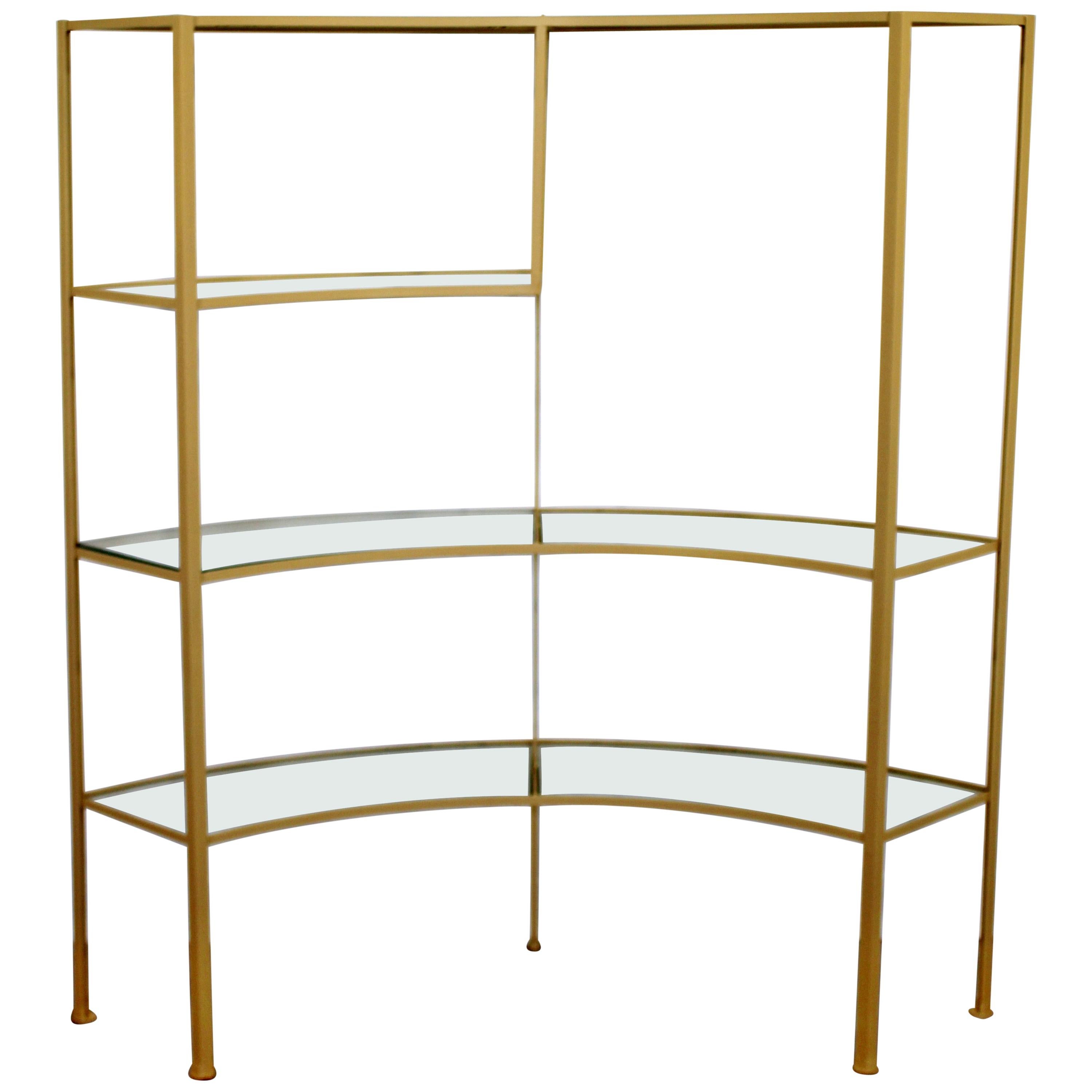 Mid Century Modern Glass Curved Wrought, Black Wrought Iron Shelving Unit