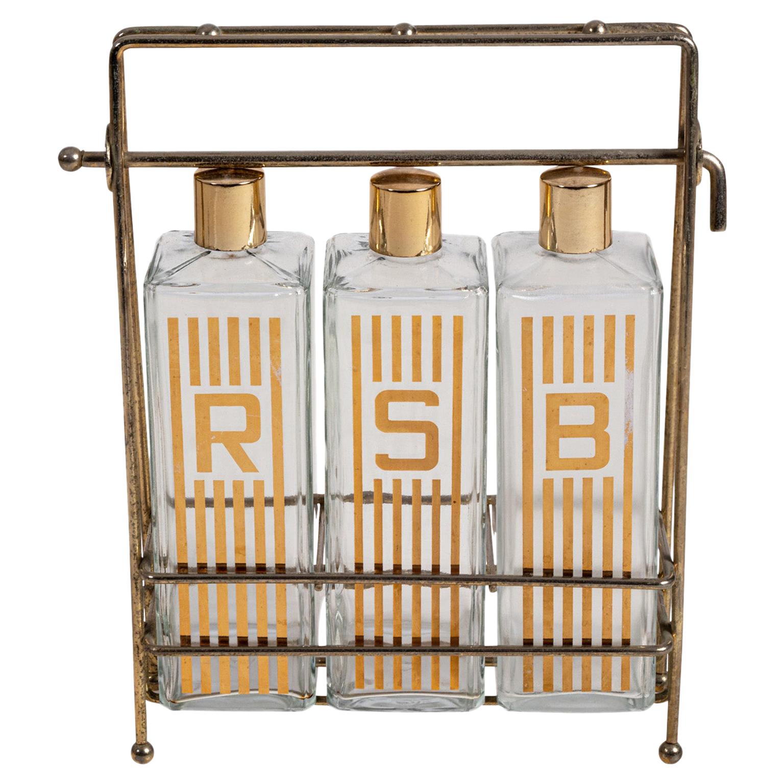 Mid-Century Modern Glass Decanter Set with Brass Stand