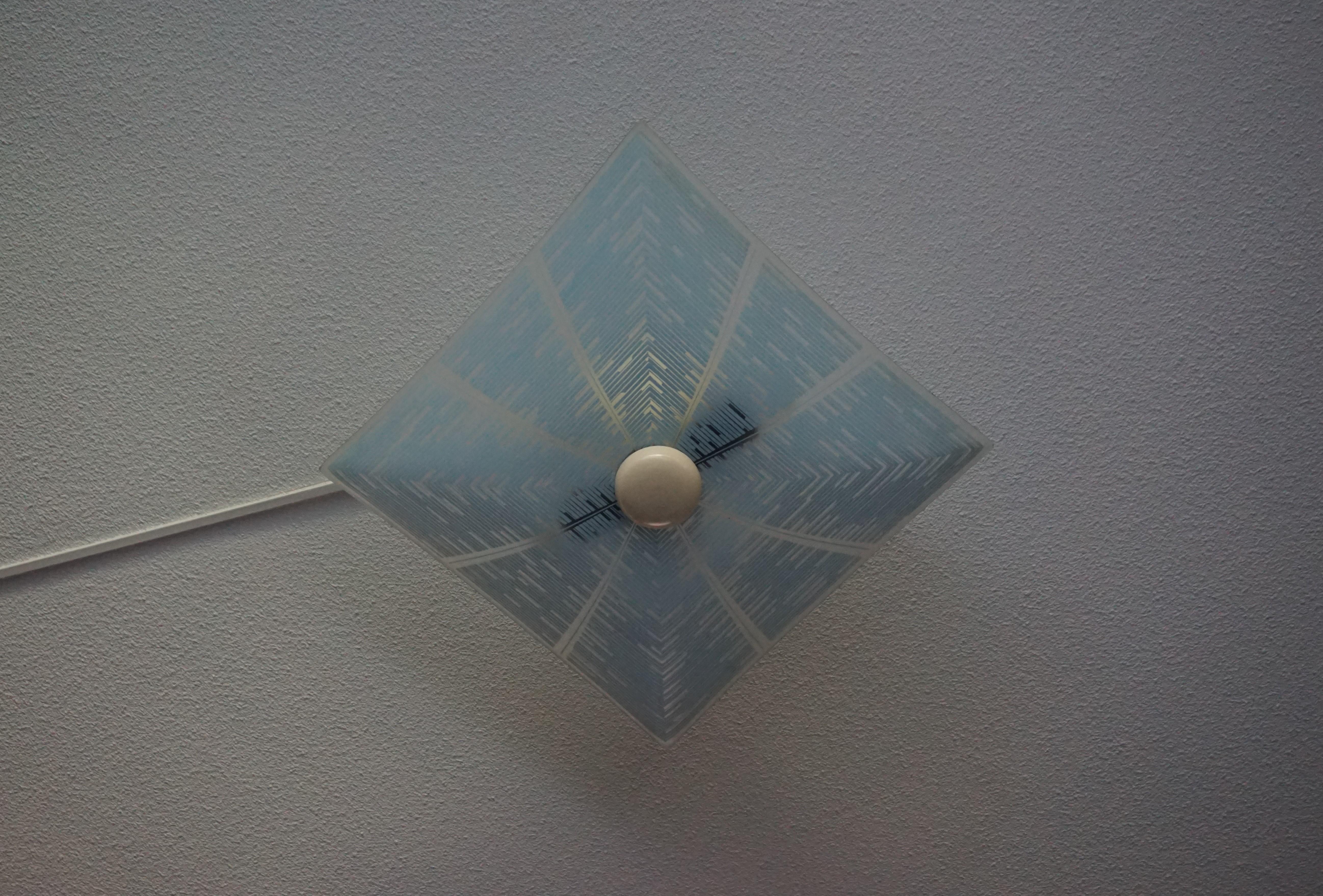 Mid-Century Modern Glass Flush Mount with Unique Geometrical Blue Color Pattern For Sale 5