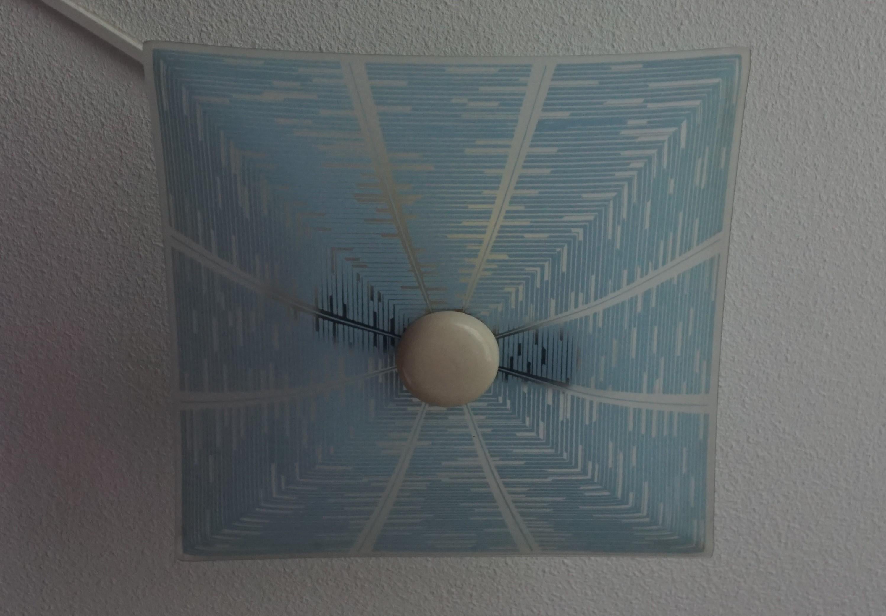 Mid-Century Modern Glass Flush Mount with Unique Geometrical Blue Color Pattern For Sale 1