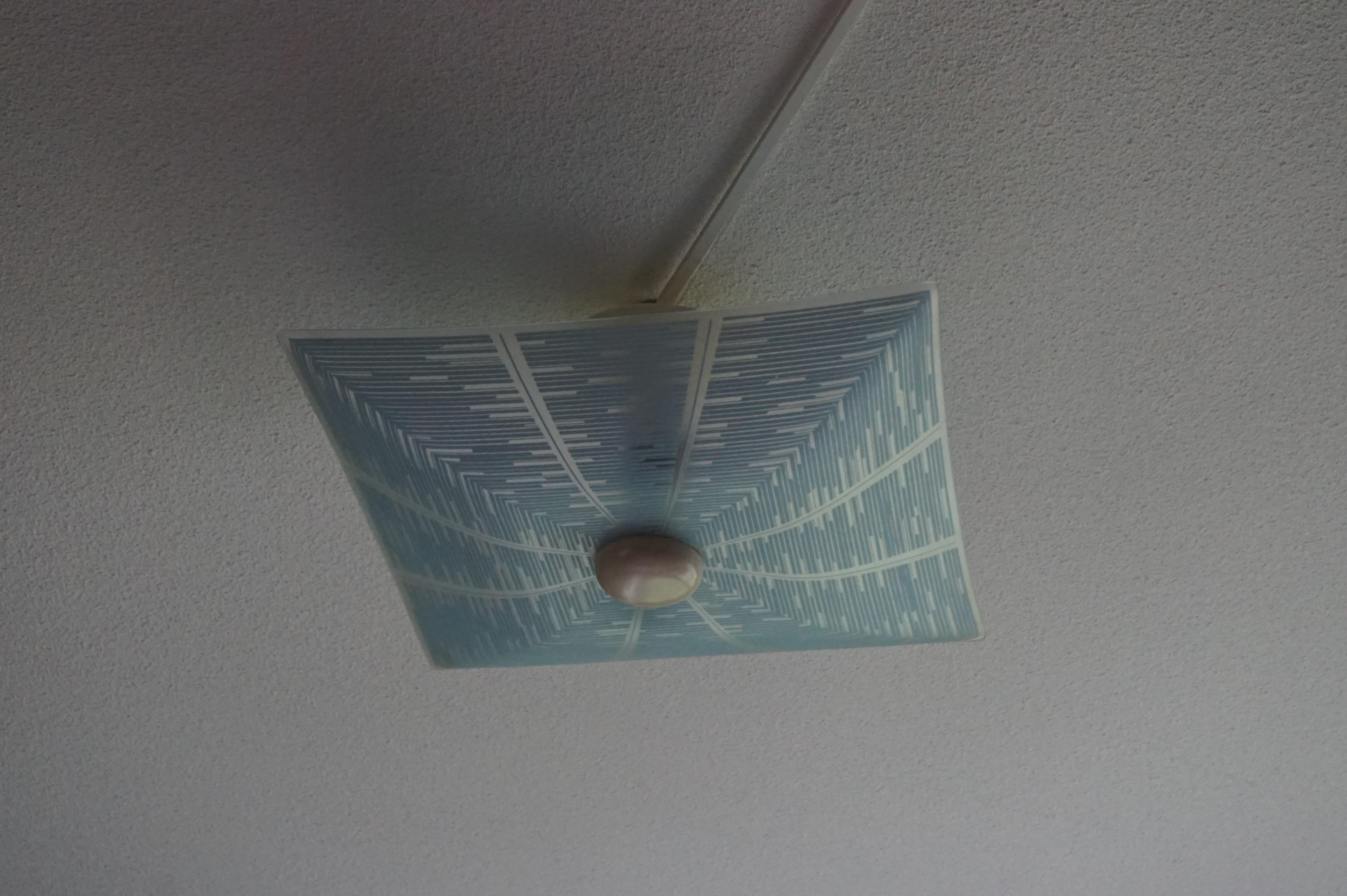 Mid-Century Modern Glass Flush Mount with Unique Geometrical Blue Color Pattern For Sale 3