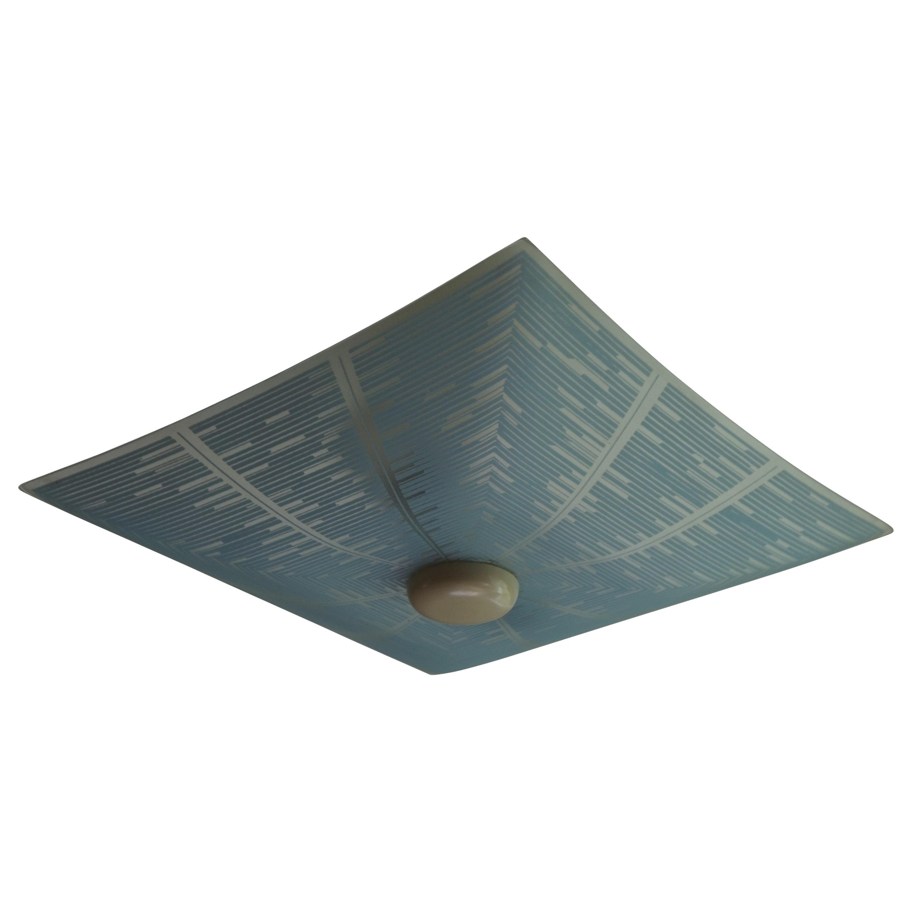 Mid-Century Modern Glass Flush Mount with Unique Geometrical Blue Color Pattern For Sale