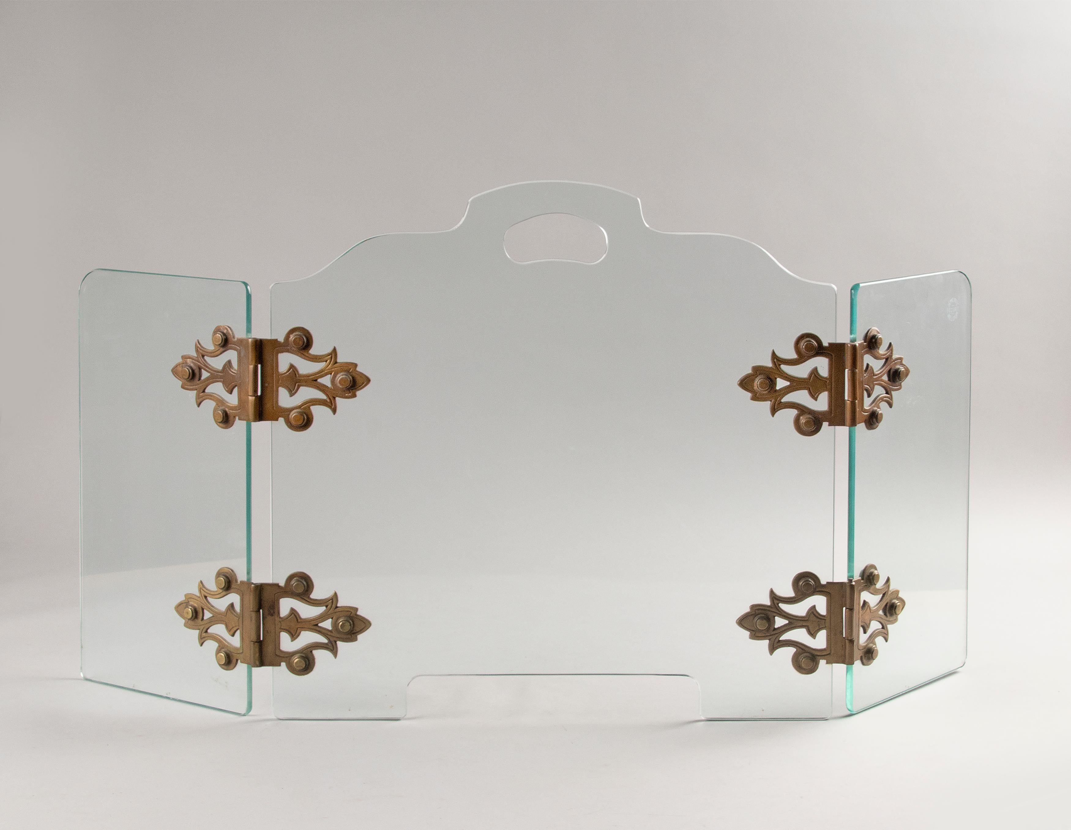 Mid-Century Moderner klappbarer dreiteiliger Kaminschirm aus Glas von Jemeppe im Zustand „Gut“ im Angebot in Casteren, Noord-Brabant