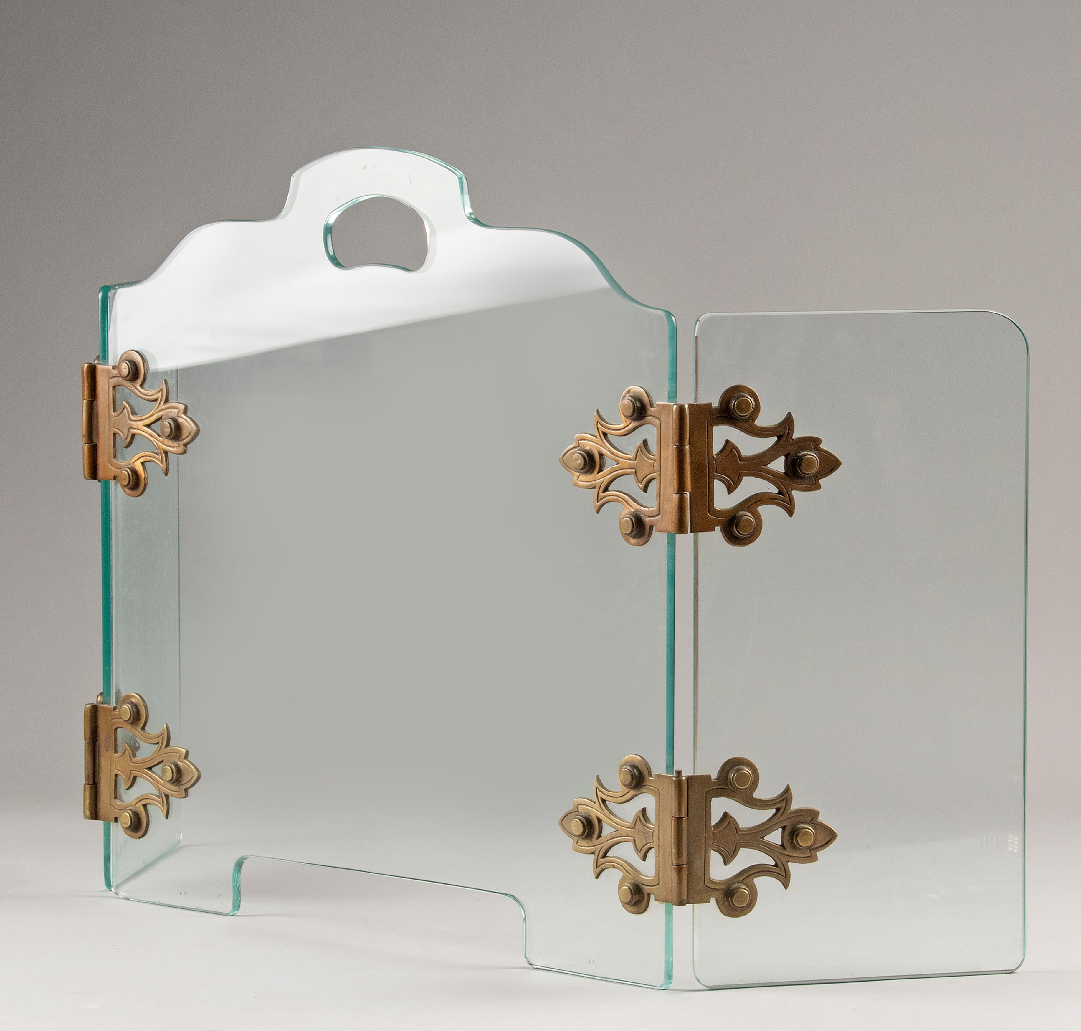 Mid-Century Moderner klappbarer dreiteiliger Kaminschirm aus Glas von Jemeppe im Angebot 2