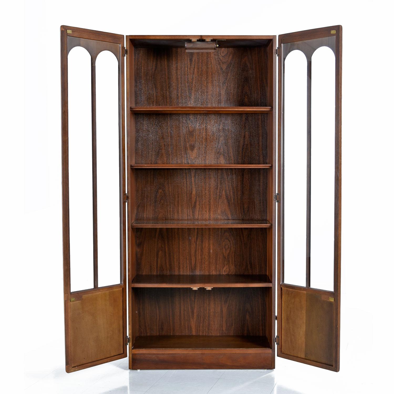 American Mid-Century Modern Glass Front Rosewood Arch Accent Walnut Display Hutch Cabinet