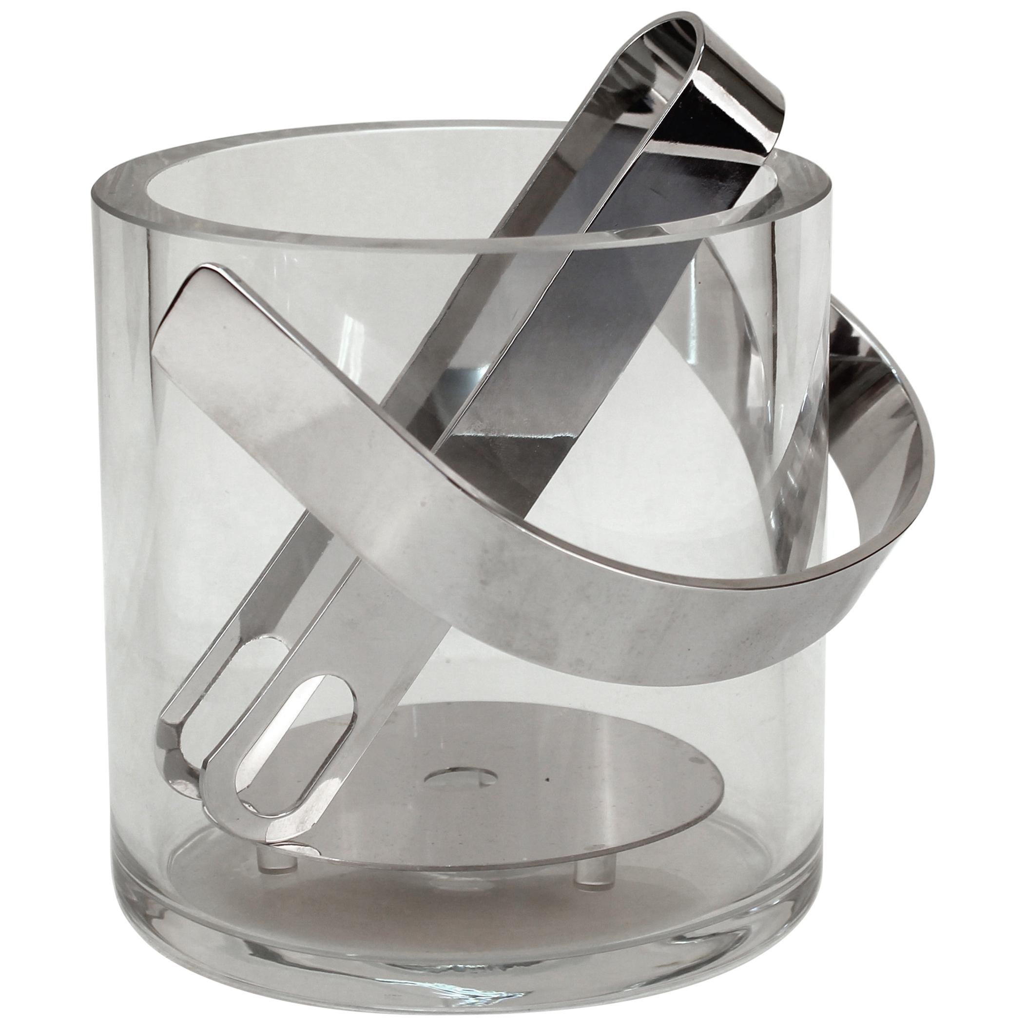 Mid-Century Modern Glass Ice Bucket with Tongs