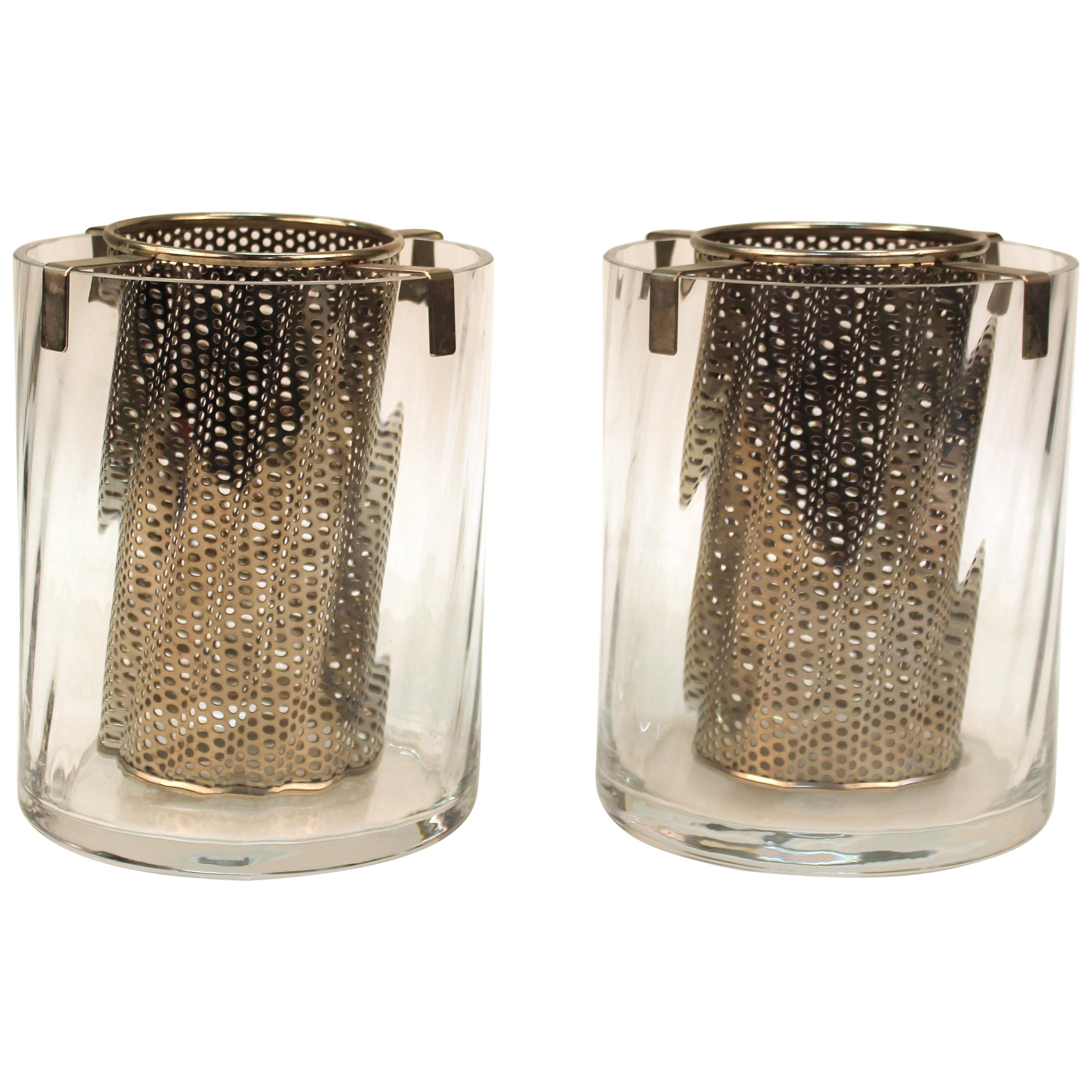 Mid-Century Modern Glass Ice Buckets with Metal Holders
