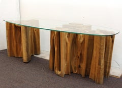 Mid-Century Modern Glass Top Cocktail Table with Tree Trunk Base