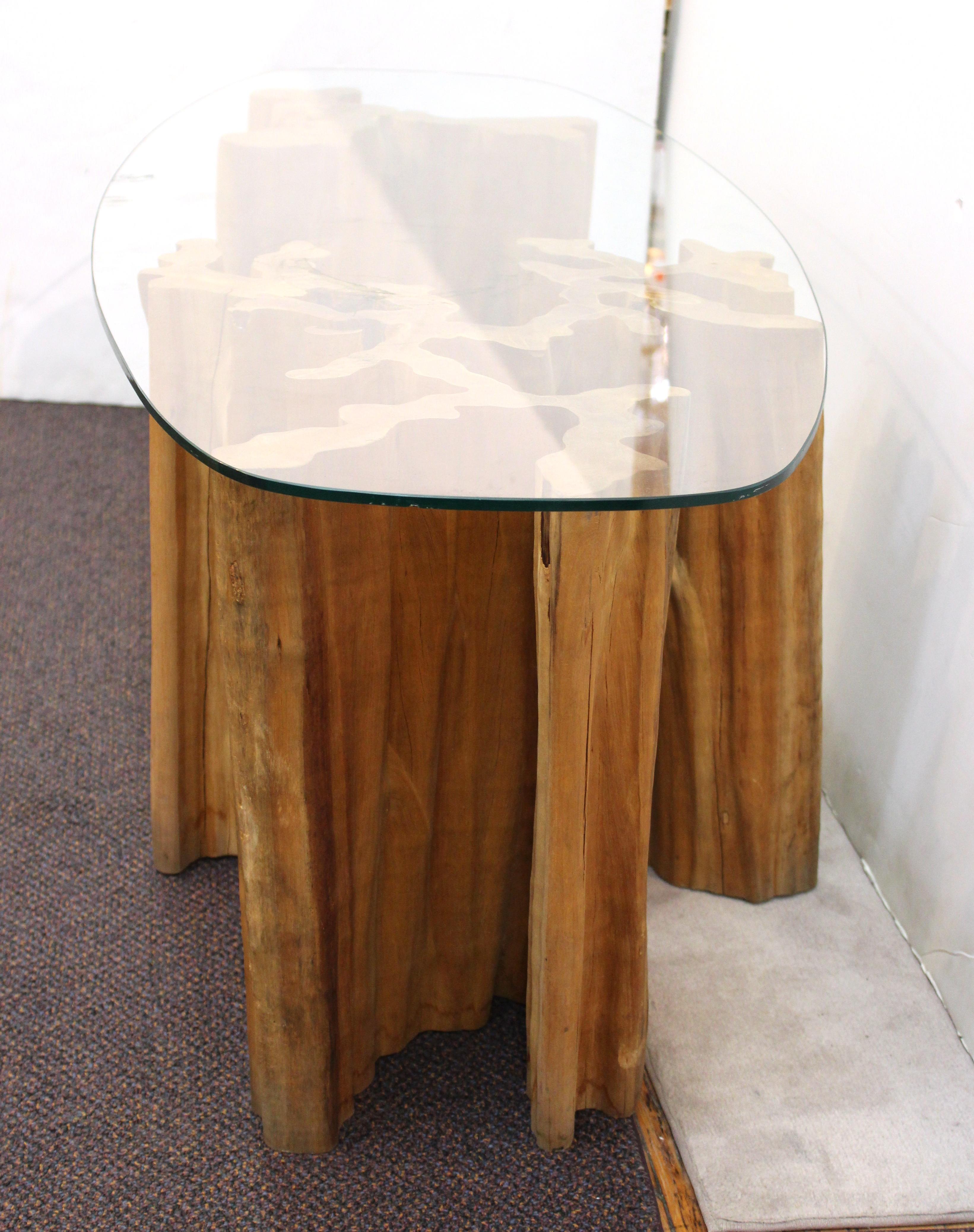 Mid-Century Modern Glass Top Cocktail Table with Tree Trunk Base 3