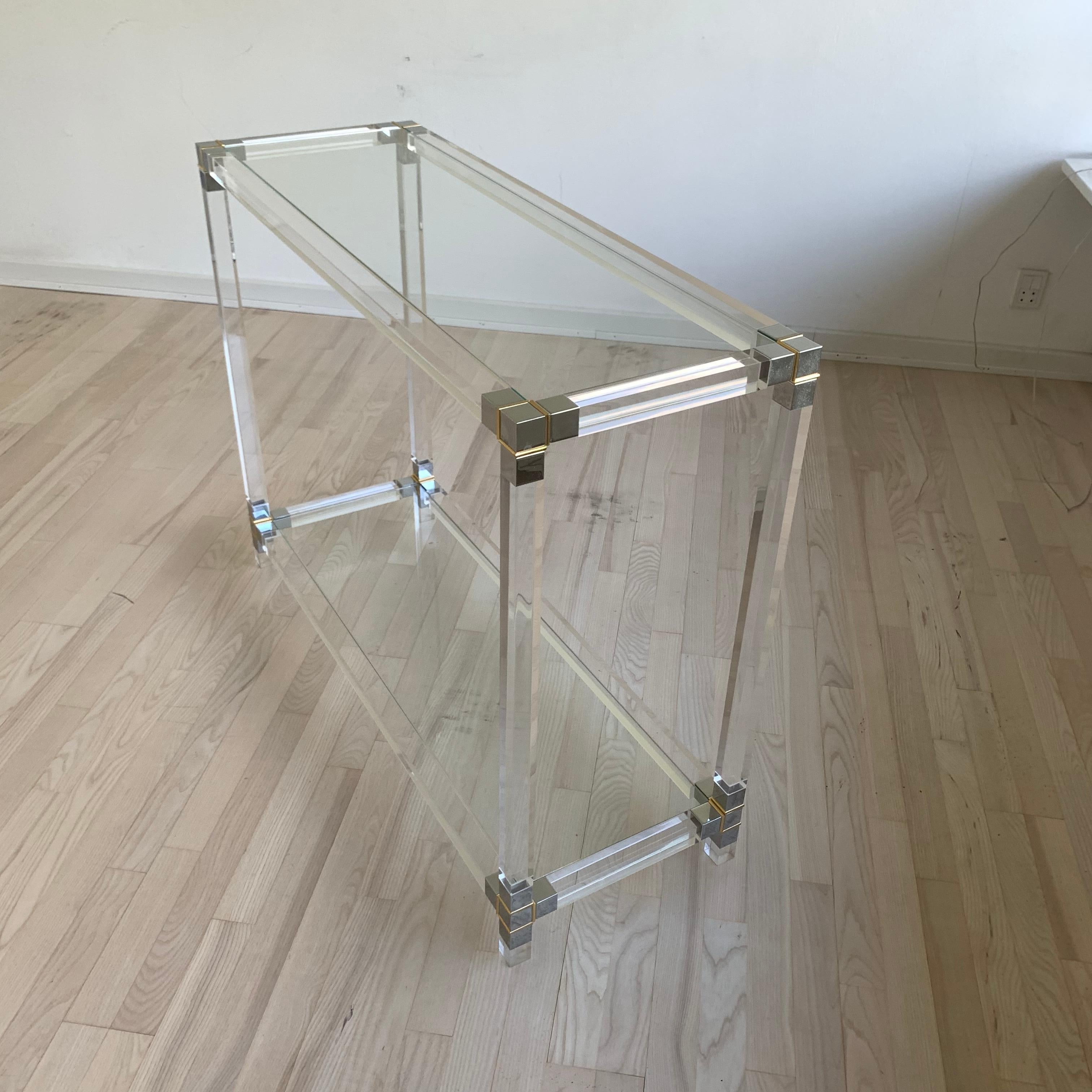 Mid-Century Modern Glass-Top Console Table in Lucite, Polished Nickel and Brass 2