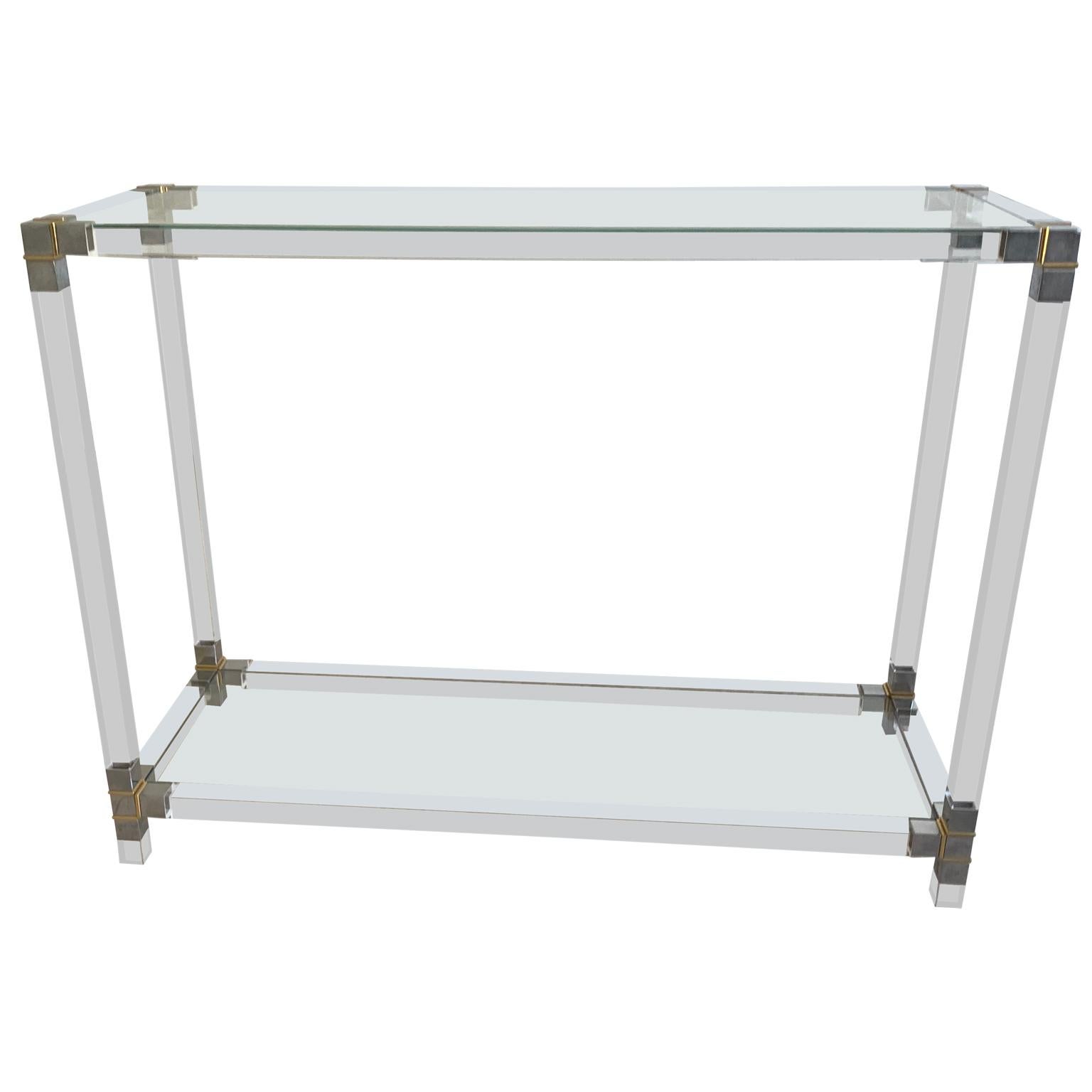 Narrow two-tier Mid-Century Modern glass-top console table in Lucite, polished nickel and brass

Complimentary 3-5 week front door delivery available to most of to London, UK.
          