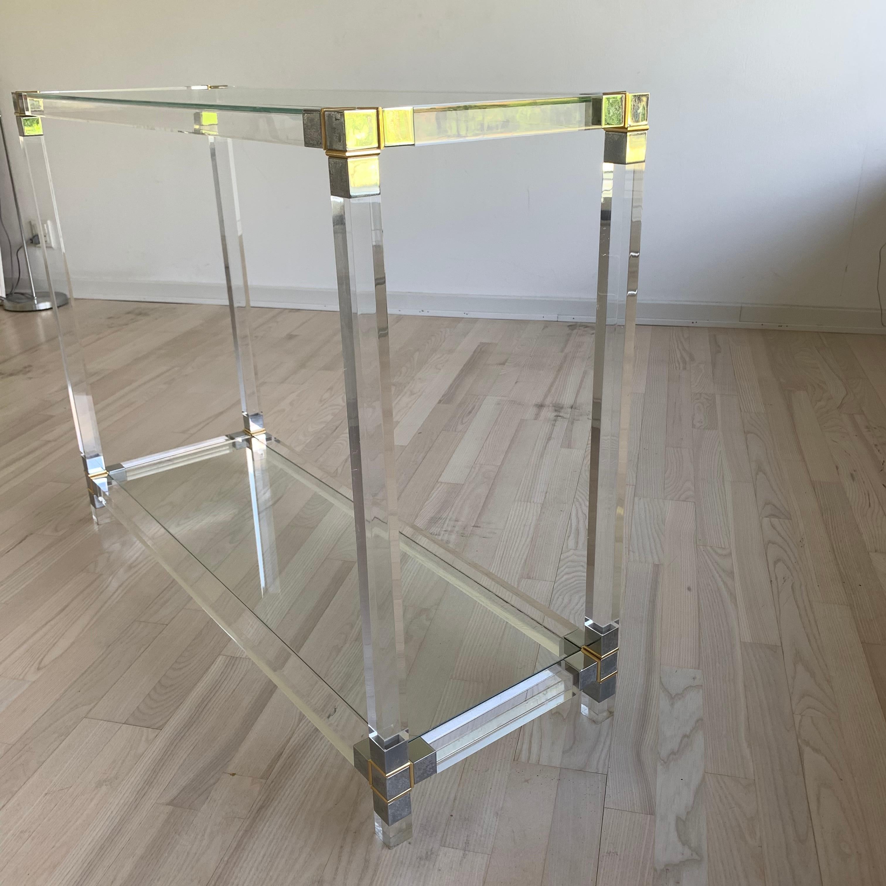 Mid-Century Modern Glass-Top Console Table in Lucite, Polished Nickel and Brass 4