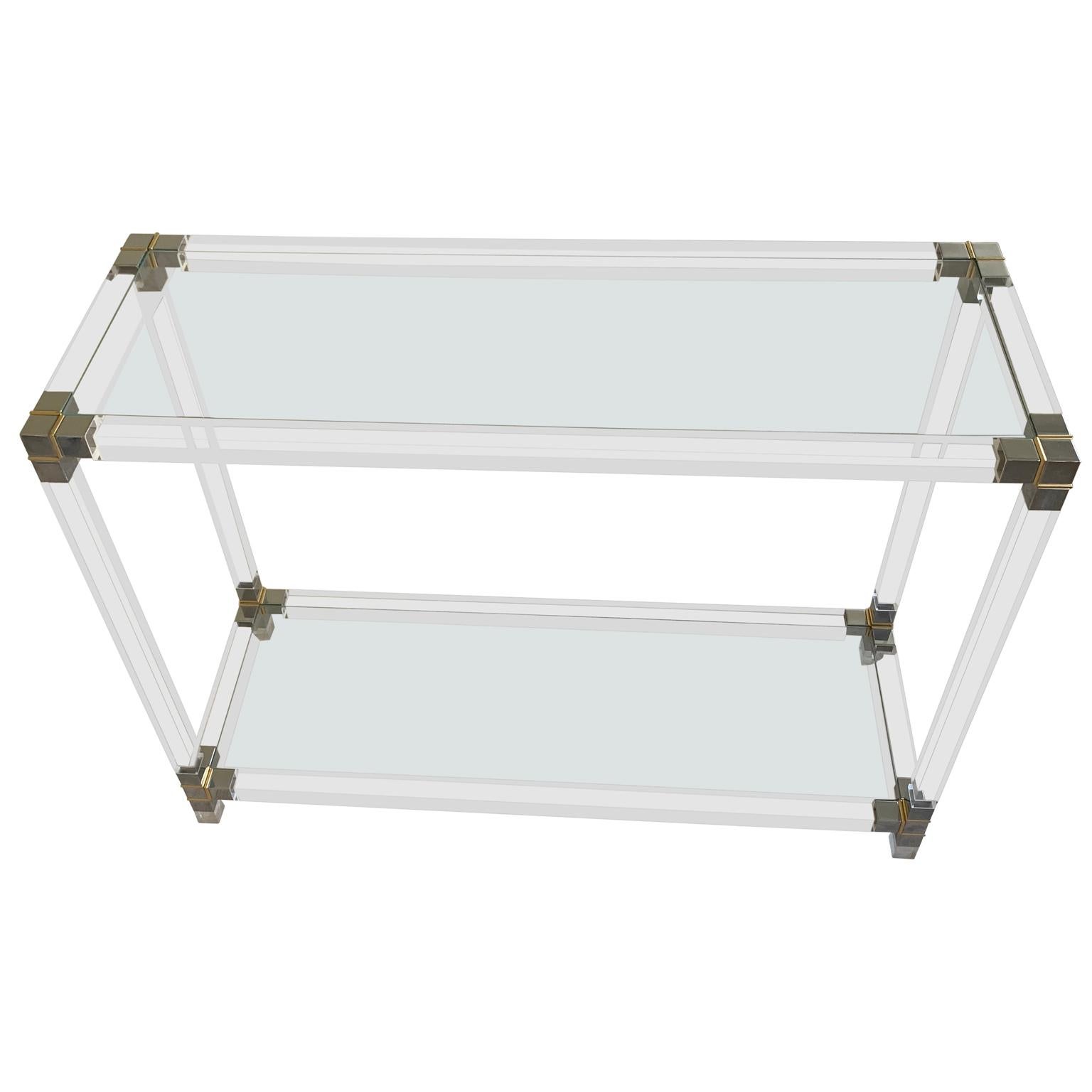 Italian Mid-Century Modern Glass-Top Console Table in Lucite, Polished Nickel and Brass