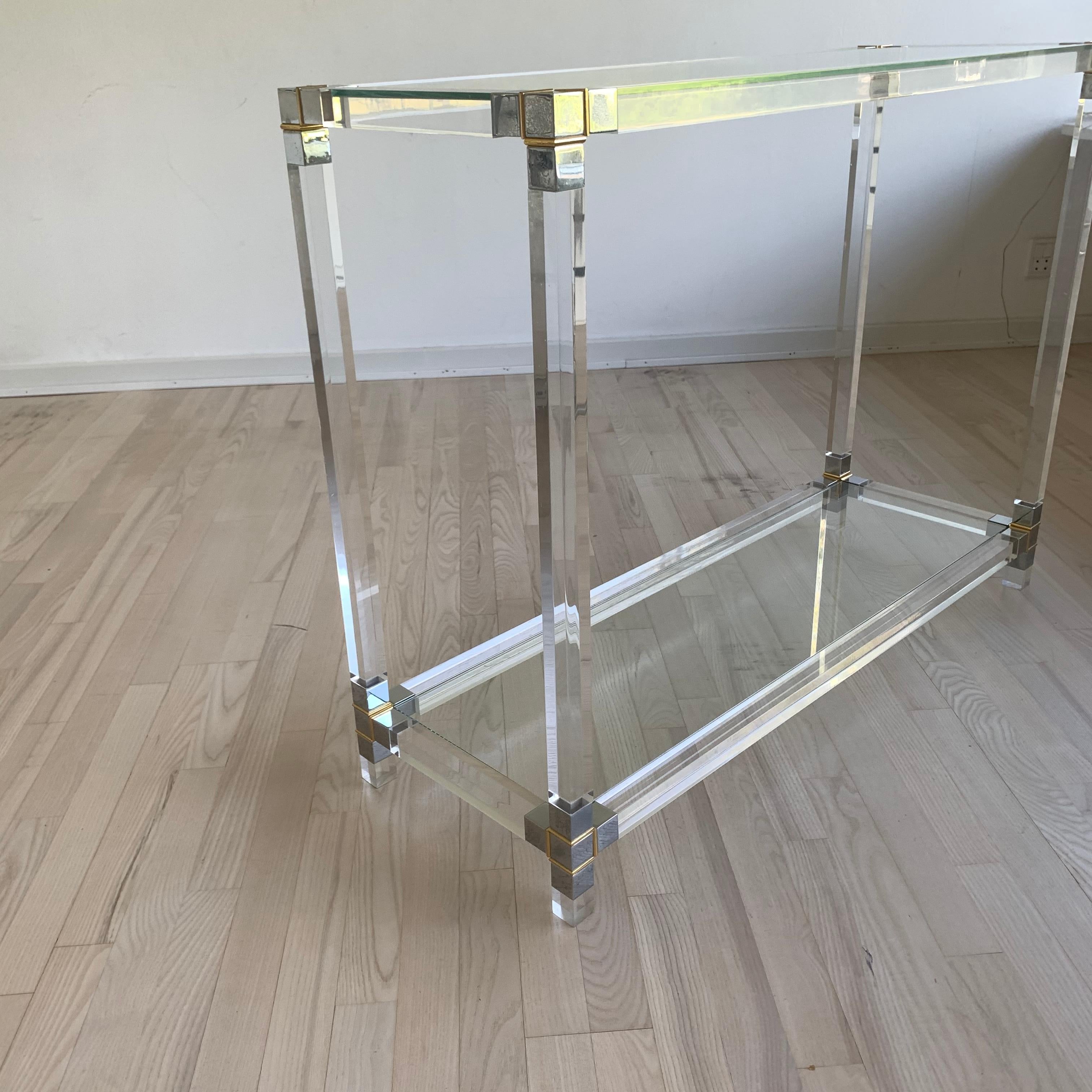 Mid-Century Modern Glass-Top Console Table in Lucite, Polished Nickel and Brass 3