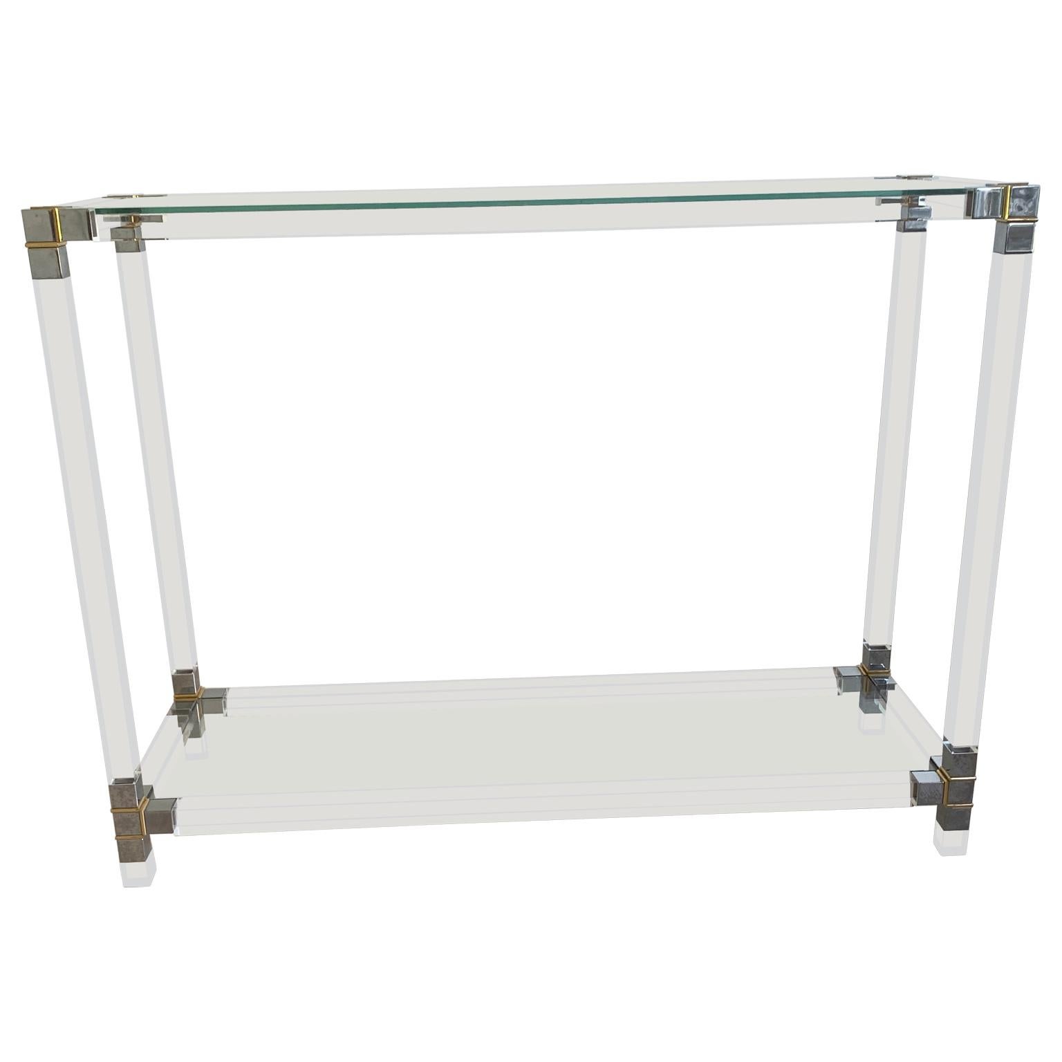 Mid-Century Modern Glass-Top Console Table in Lucite, Polished Nickel and Brass In Good Condition In Haddonfield, NJ