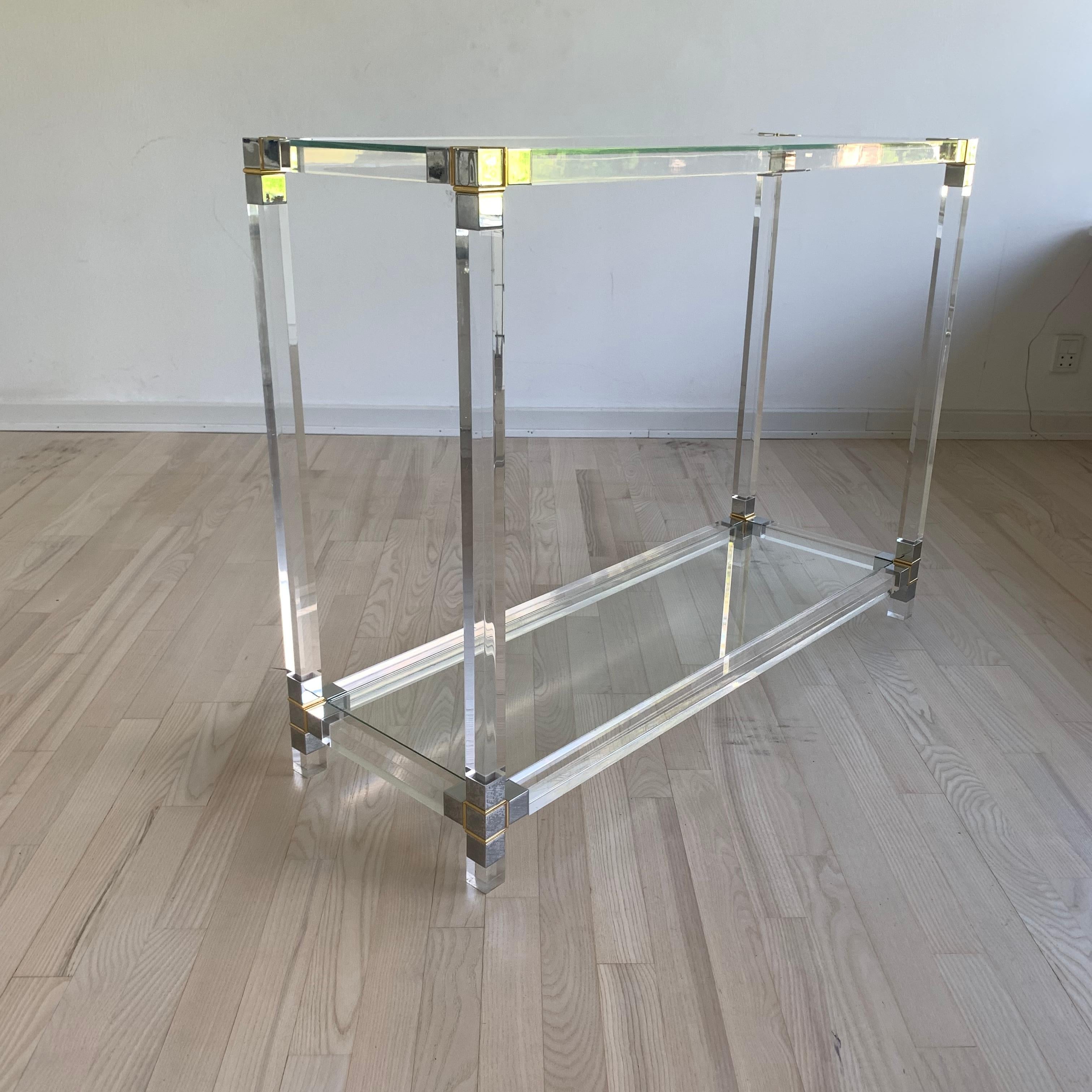 Mid-Century Modern Glass-Top Console Table in Lucite, Polished Nickel and Brass 5