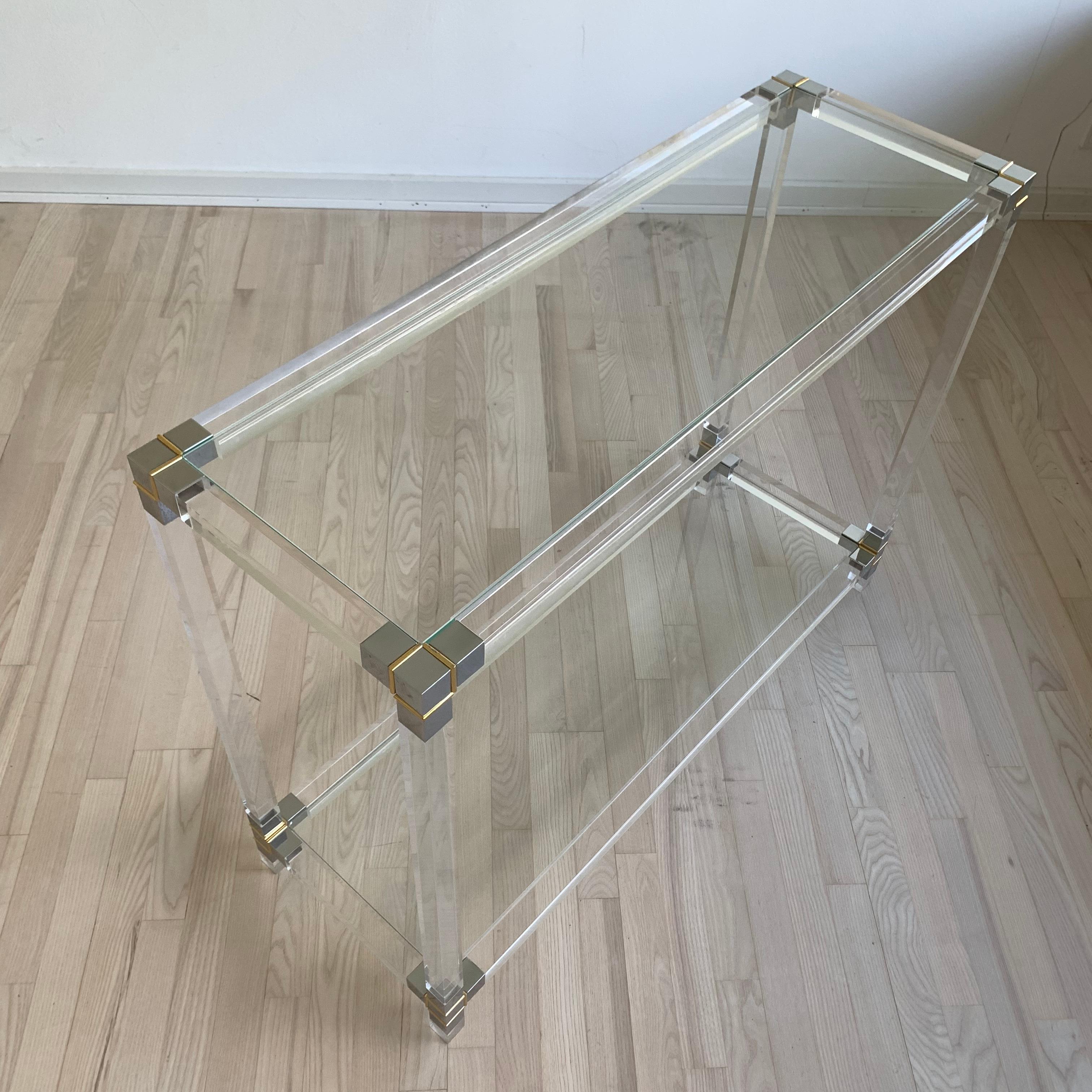 Mid-Century Modern Glass-Top Console Table in Lucite, Polished Nickel and Brass 6