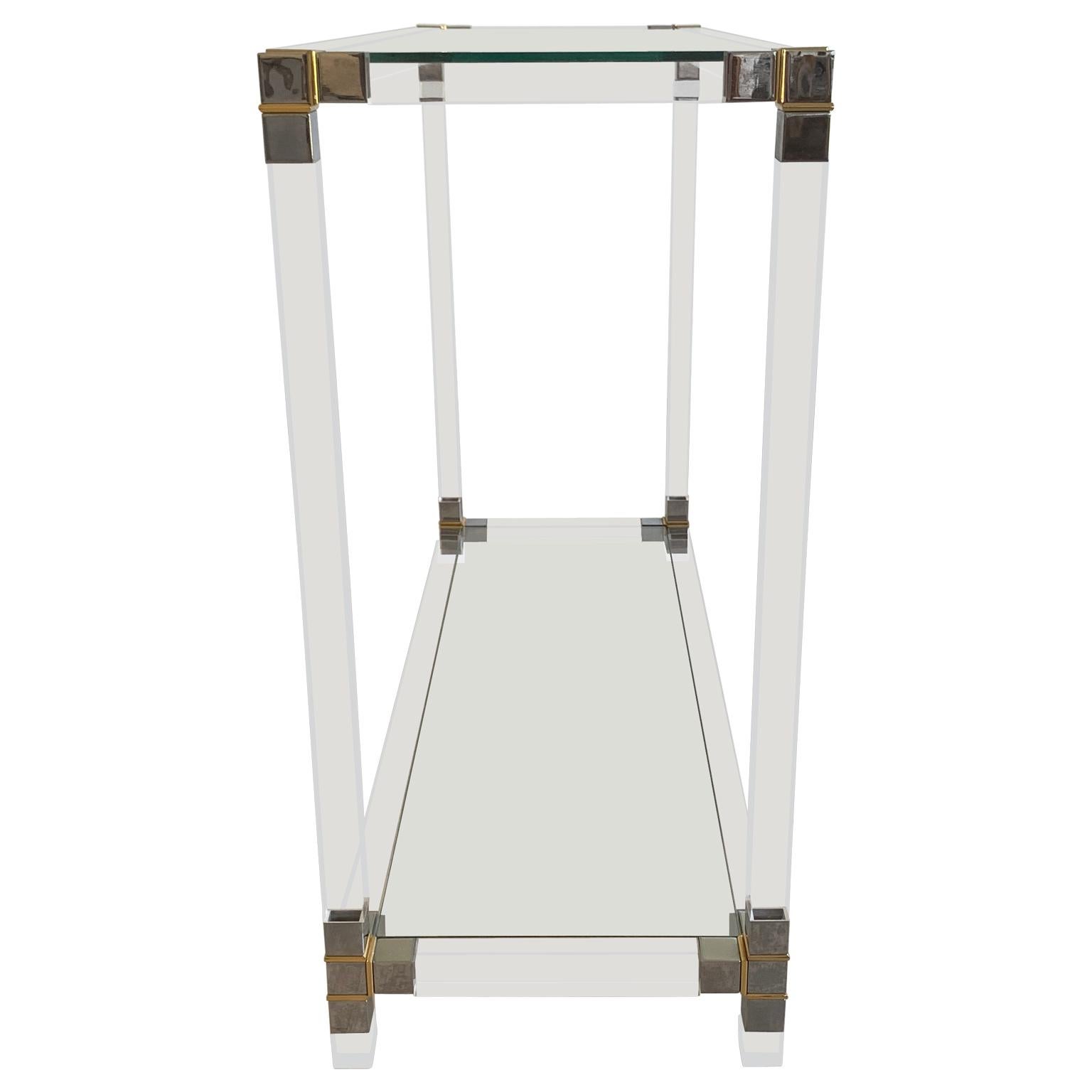 Mid-Century Modern Glass-Top Console Table in Lucite, Polished Nickel and Brass 1