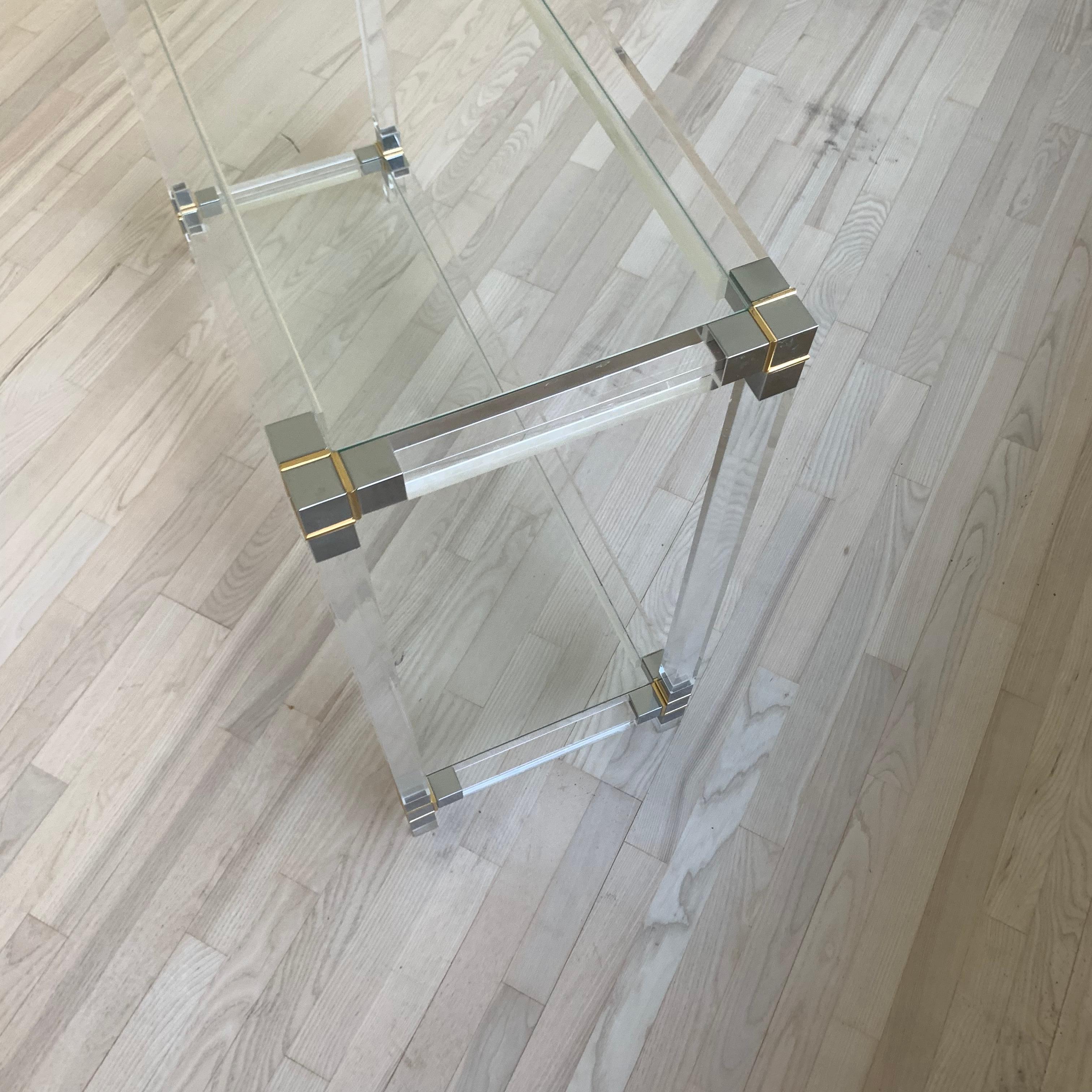 Mid-Century Modern Glass-Top Console Table in Lucite, Polished Nickel and Brass 9