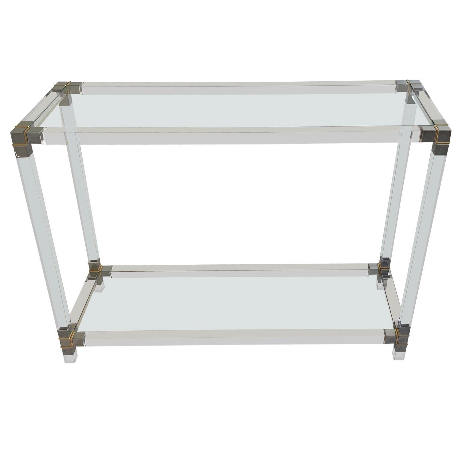 Mid-Century Modern Glass-Top Console Table in Lucite, Polished Nickel and Brass