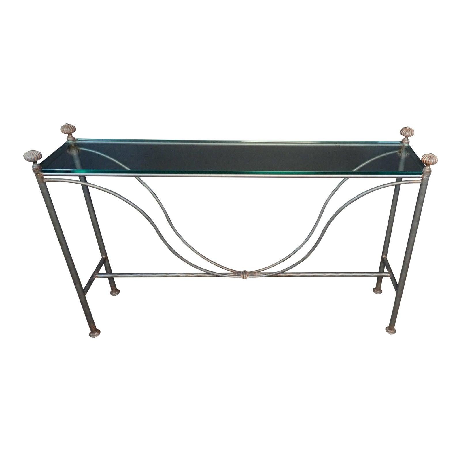 Mid-Century Modern Glass Top Iron Console Table