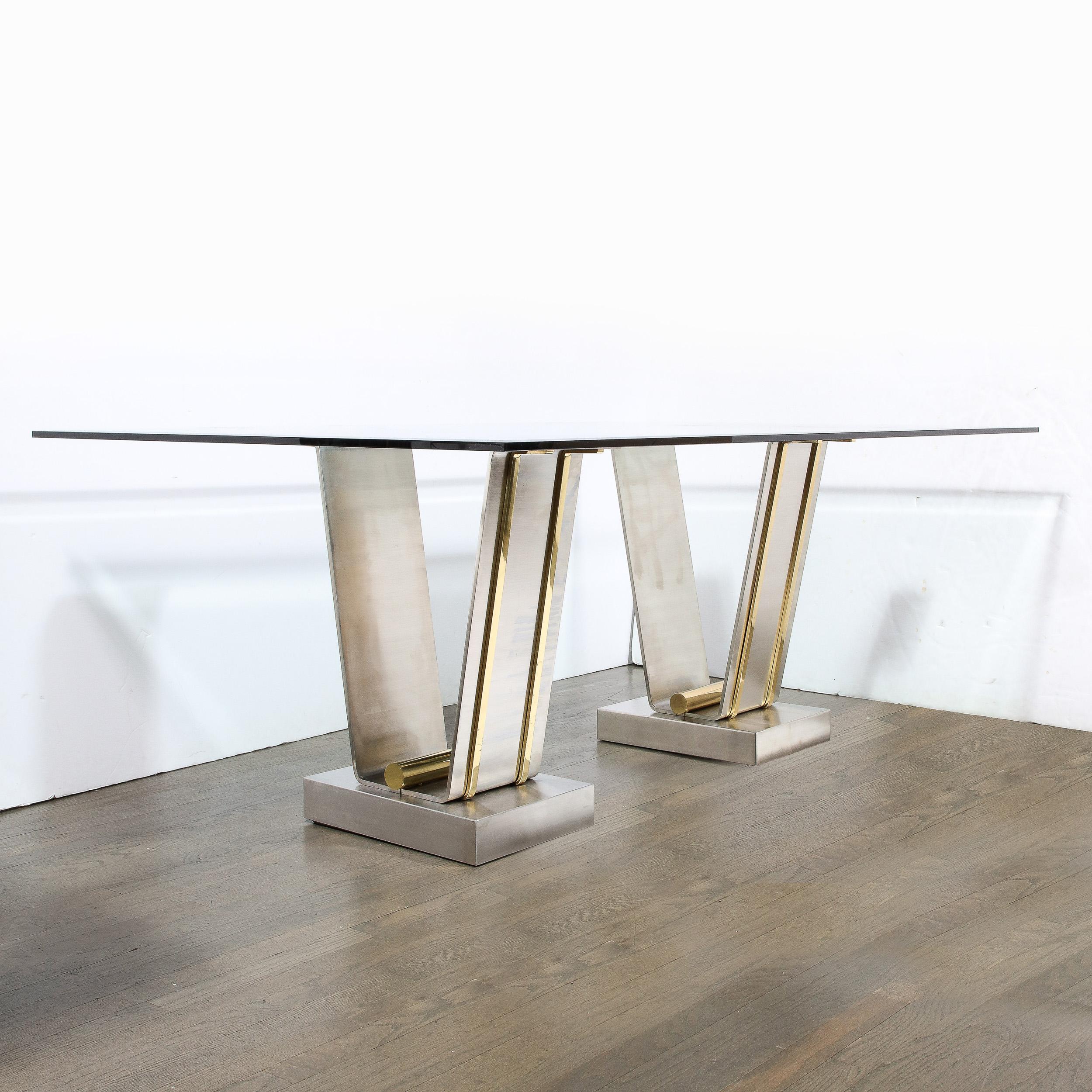 Mid-Century Modern Glass Top Table W/ Polished Brass & Brushed Nickel Support For Sale 2