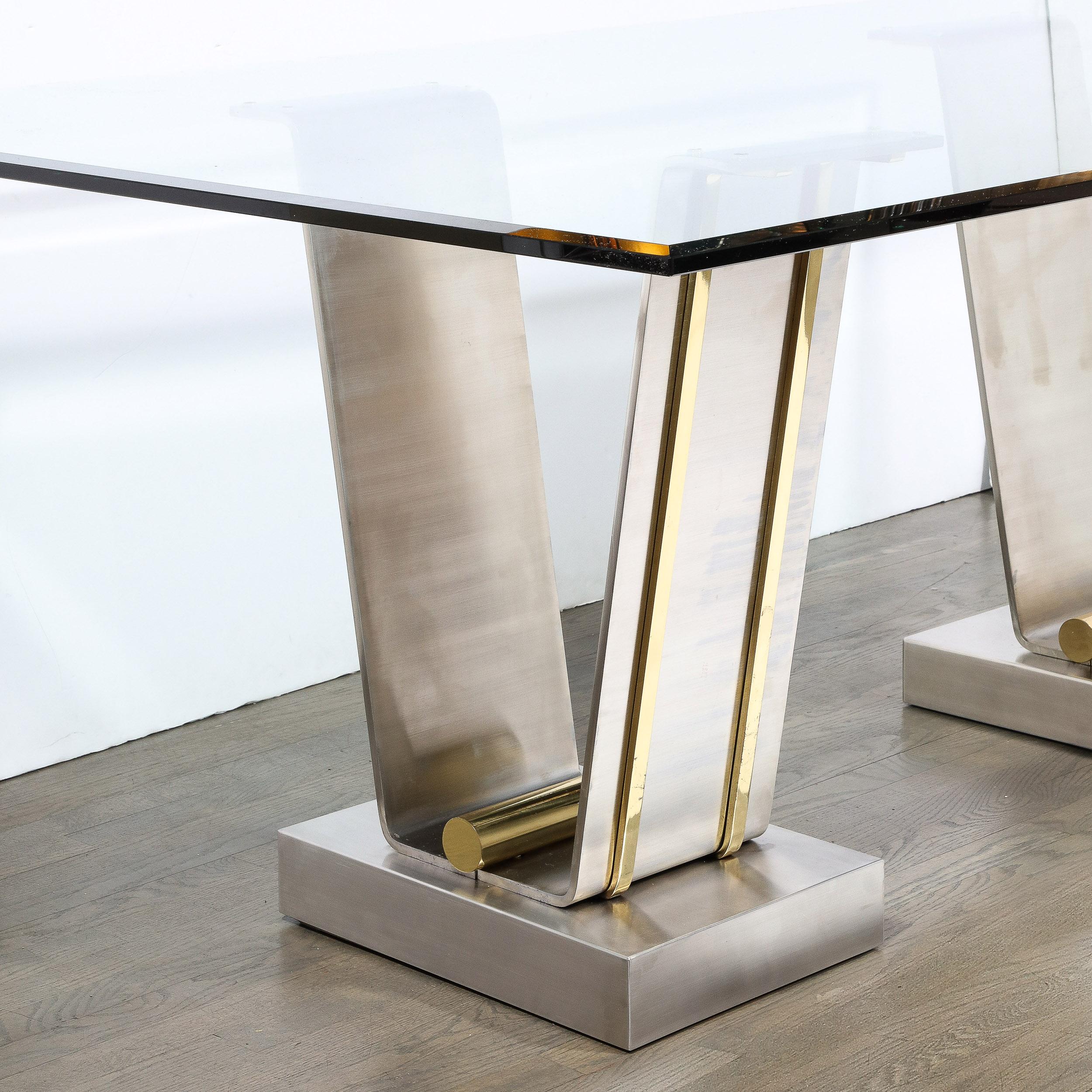Mid-Century Modern Glass Top Table W/ Polished Brass & Brushed Nickel Support For Sale 3
