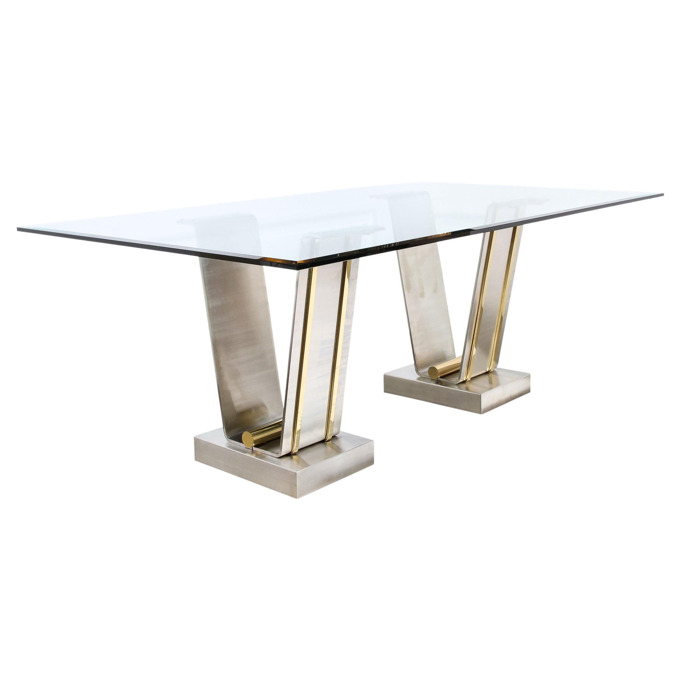 Mid-Century Modern Glass Top Table W/ Polished Brass & Brushed Nickel Support For Sale