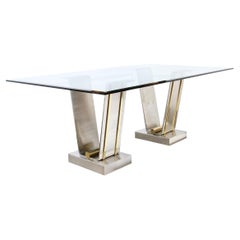 Retro Mid-Century Modern Glass Top Table W/ Polished Brass & Brushed Nickel Support