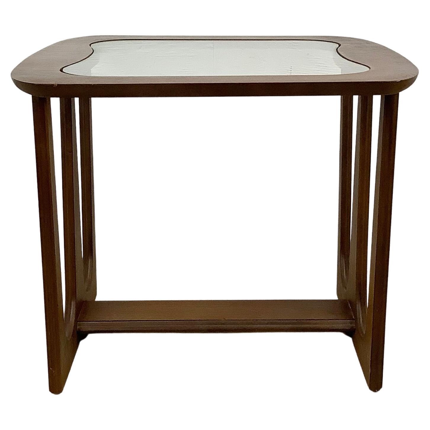 Table d'extrémité moderne du milieu du siècle, dessus en verre, en noyer