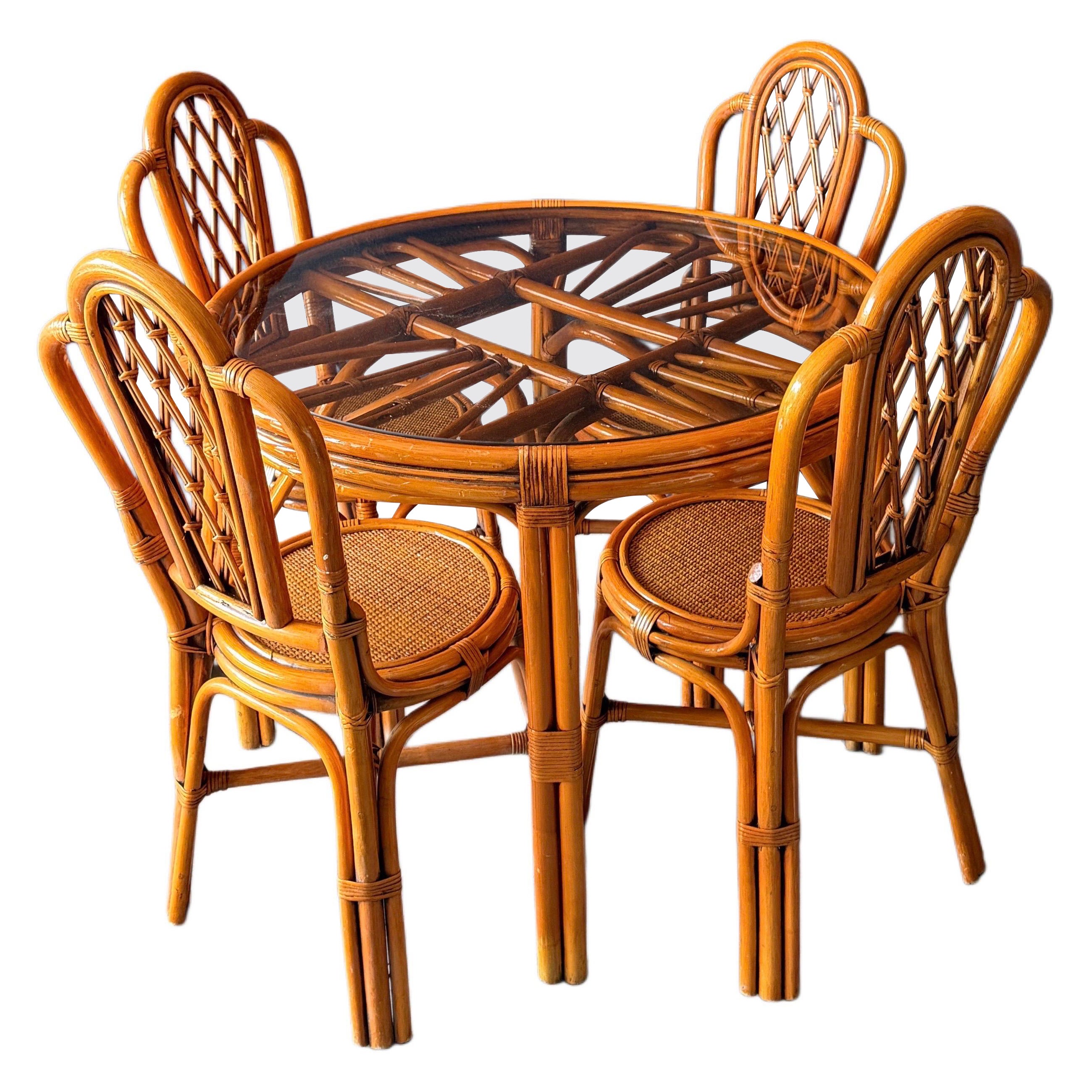 Mid-Century Modern Glass-Topped Cane Dining Table With Four Matching Chairs