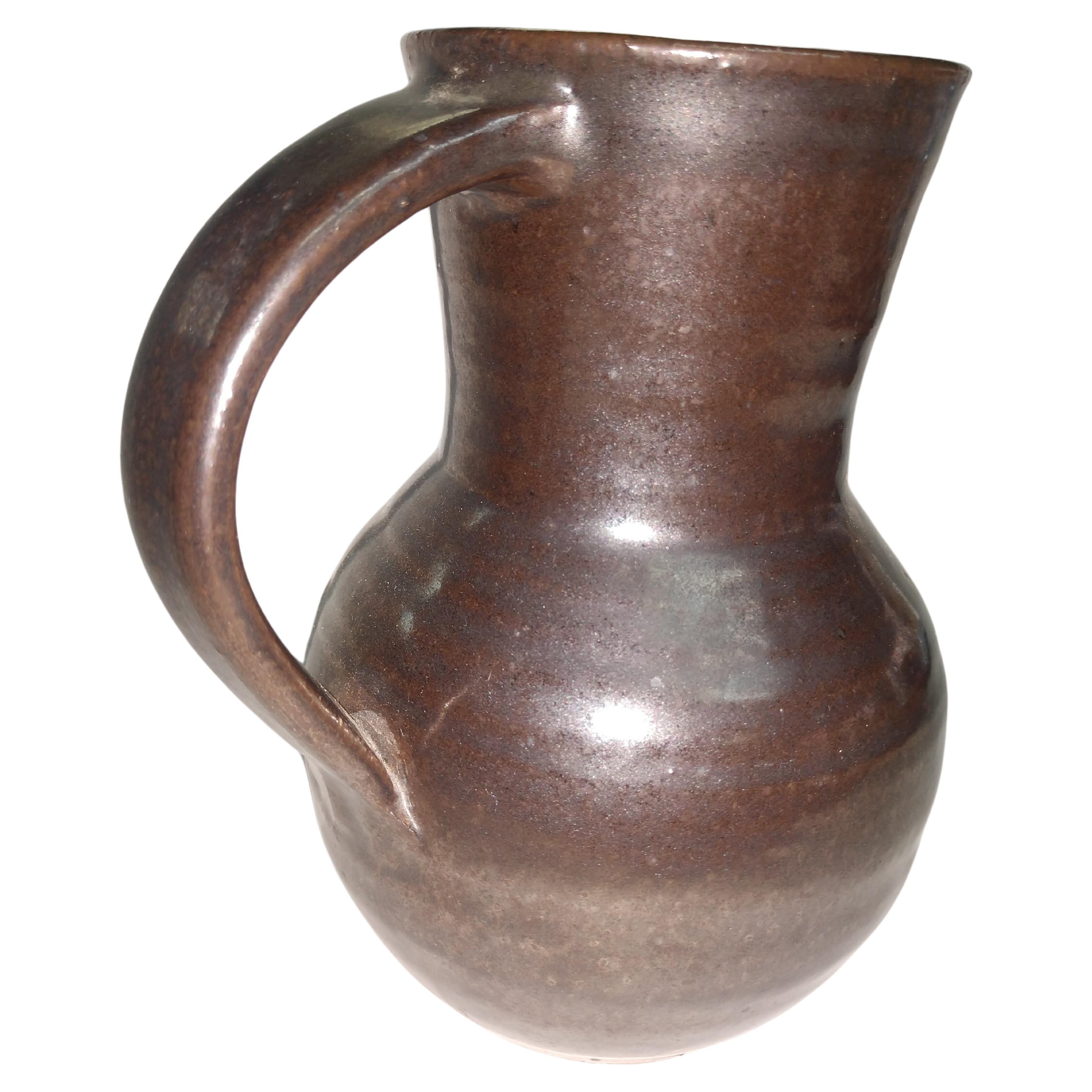 Glazed Mid Century Modern Glaze Handled Jug by Herbert Sargent Writer Producer Potter For Sale