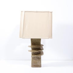 Mid Century Modern Glazed Ceramic Pillar Table Lamp with Spiral Banding