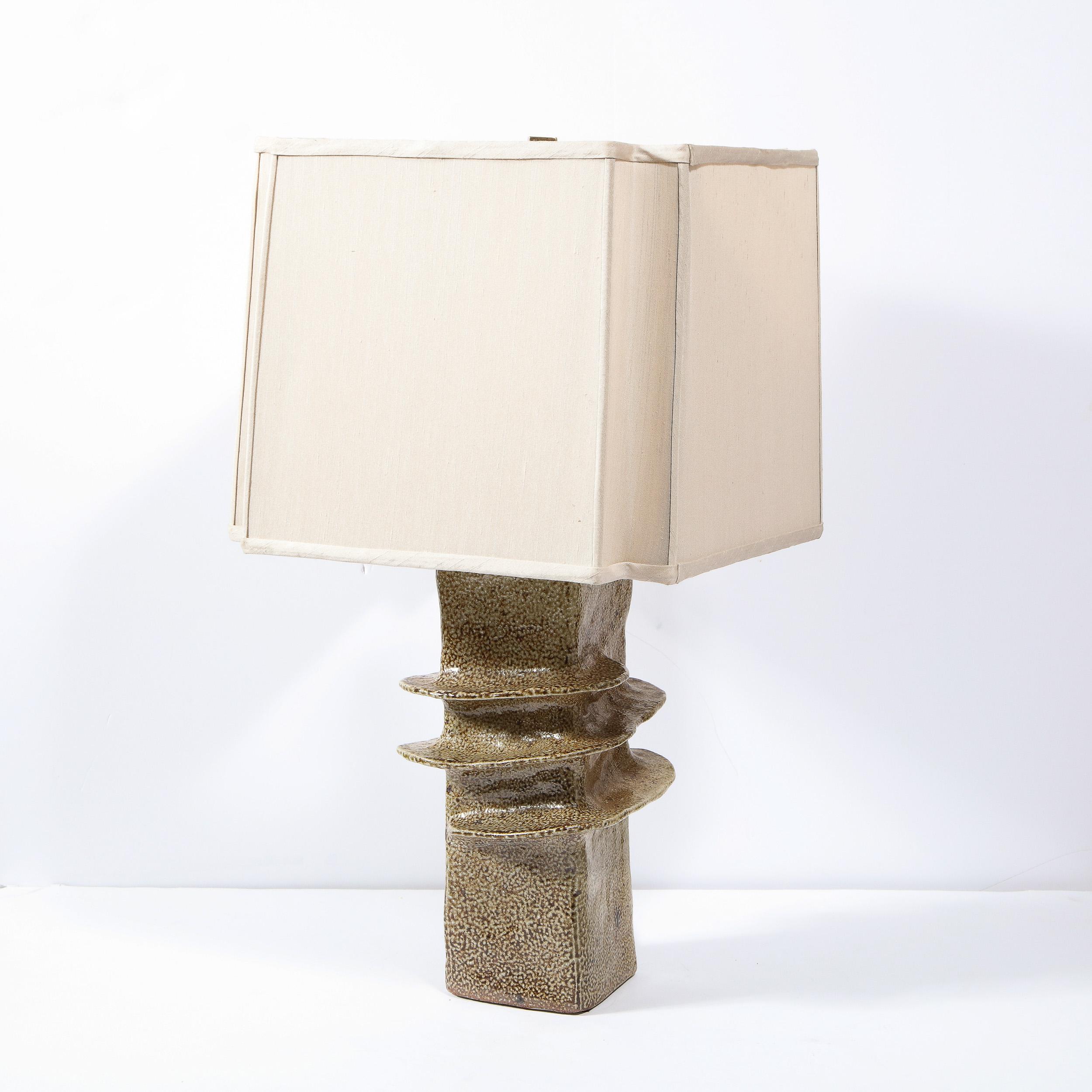 French Mid Century Modern Glazed Ceramic Pillar Table Lamp with Spiral Banding For Sale