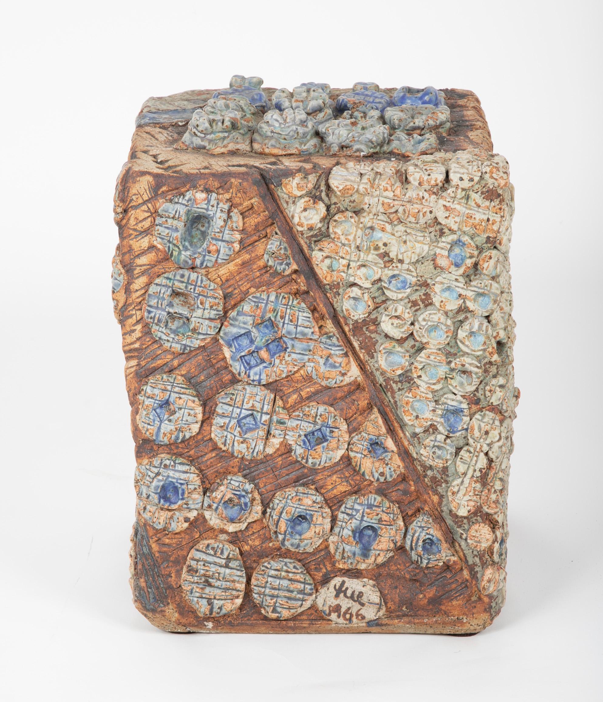 Unusual and quite compelling American midcentury glazed stoneware geometric sculpture signed and dated 1966. Raw stoneware, a little glaze and some cobalt and iron were the standard elements of the day, along with the multitude of applications and