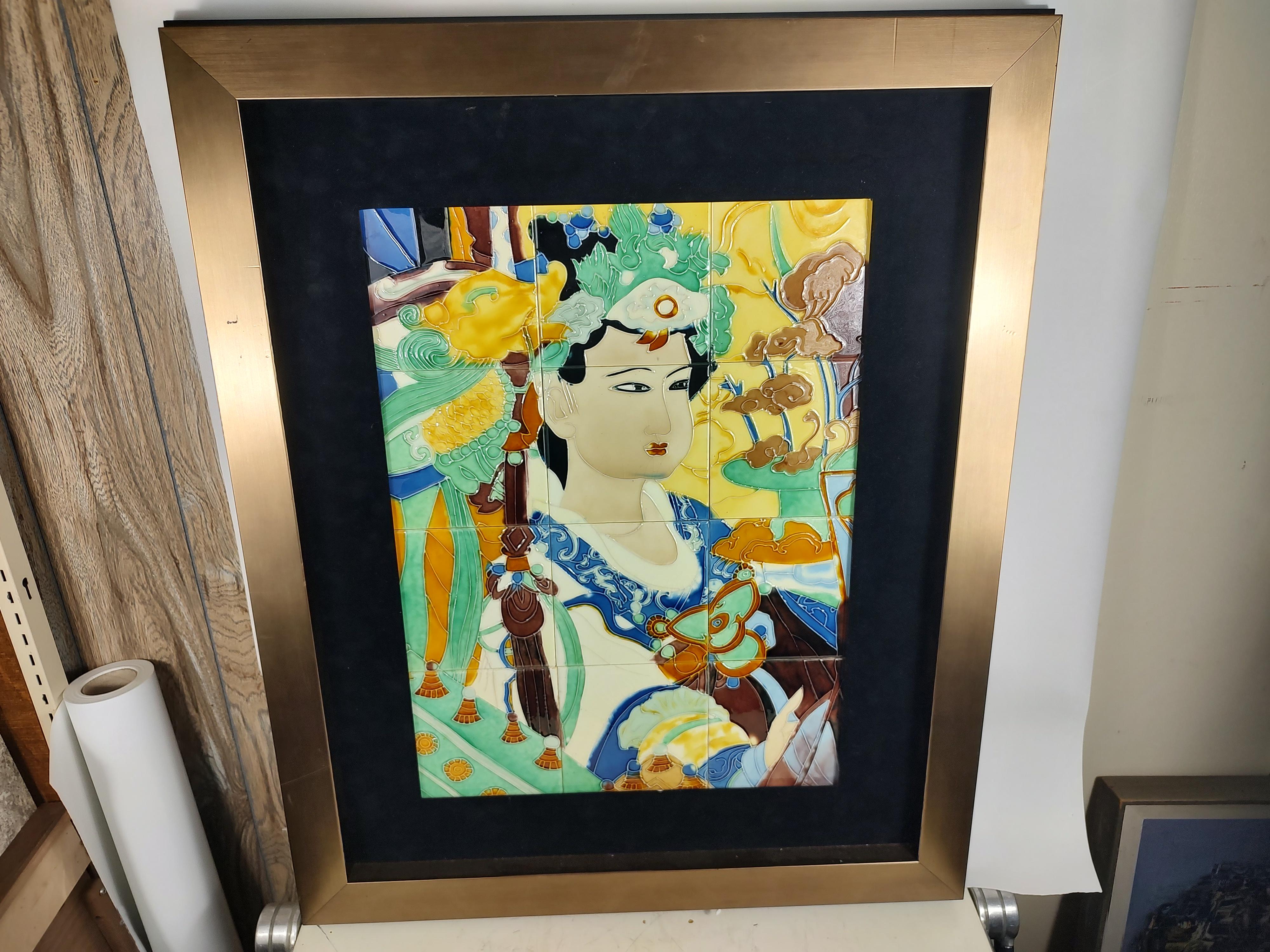 Late 20th Century Mid-Century Modern Glazed Ceramic Tile Art of a Japanese Woman 12 Tiles For Sale