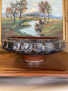 Mid-Century Modern Glazed Studio Pottery Pedestal Bowl with Textured Lava