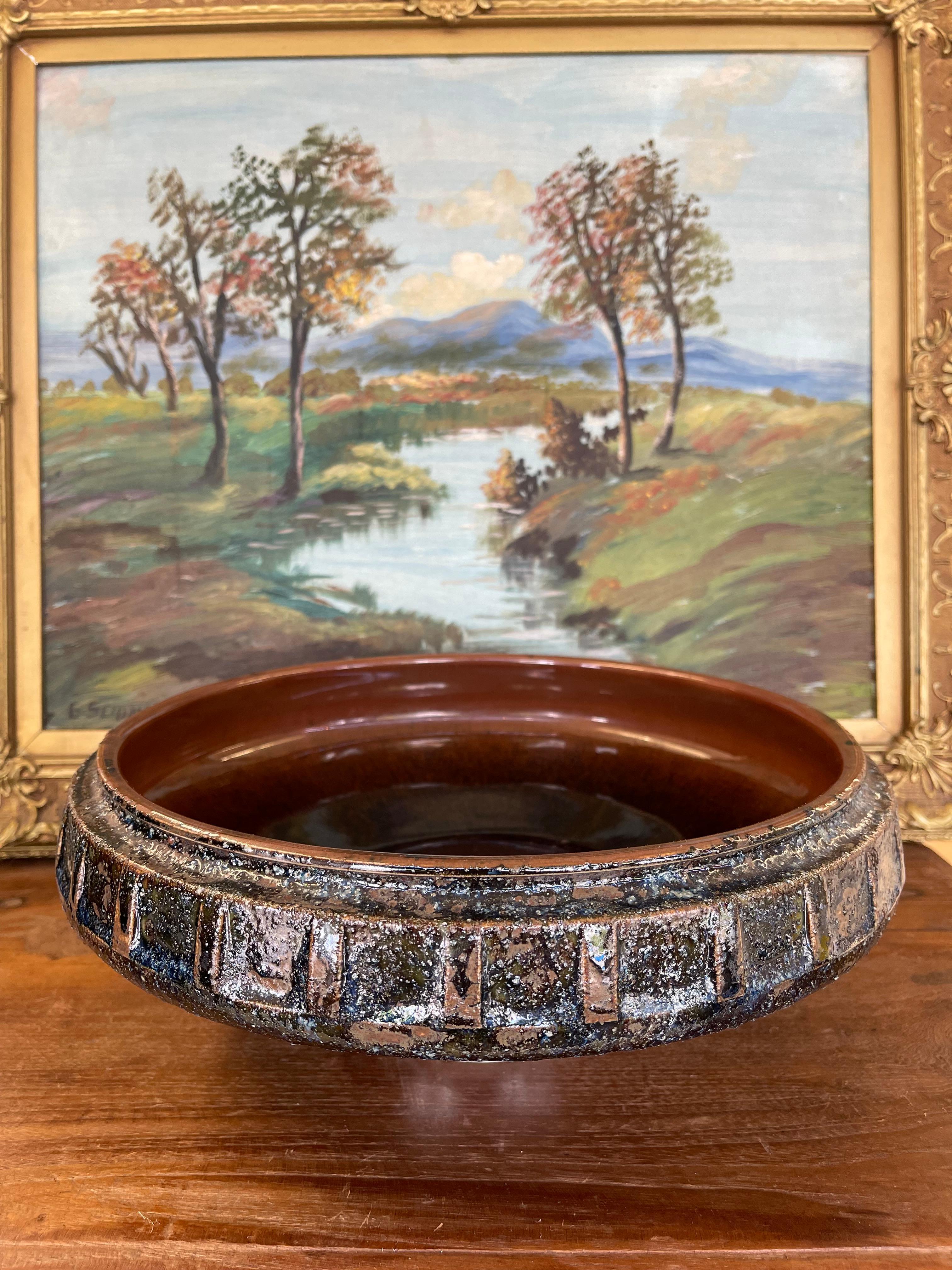 Mid-Century Modern Glazed Studio Pottery Pedestal Bowl with Textured Lava In Good Condition For Sale In Seattle, WA