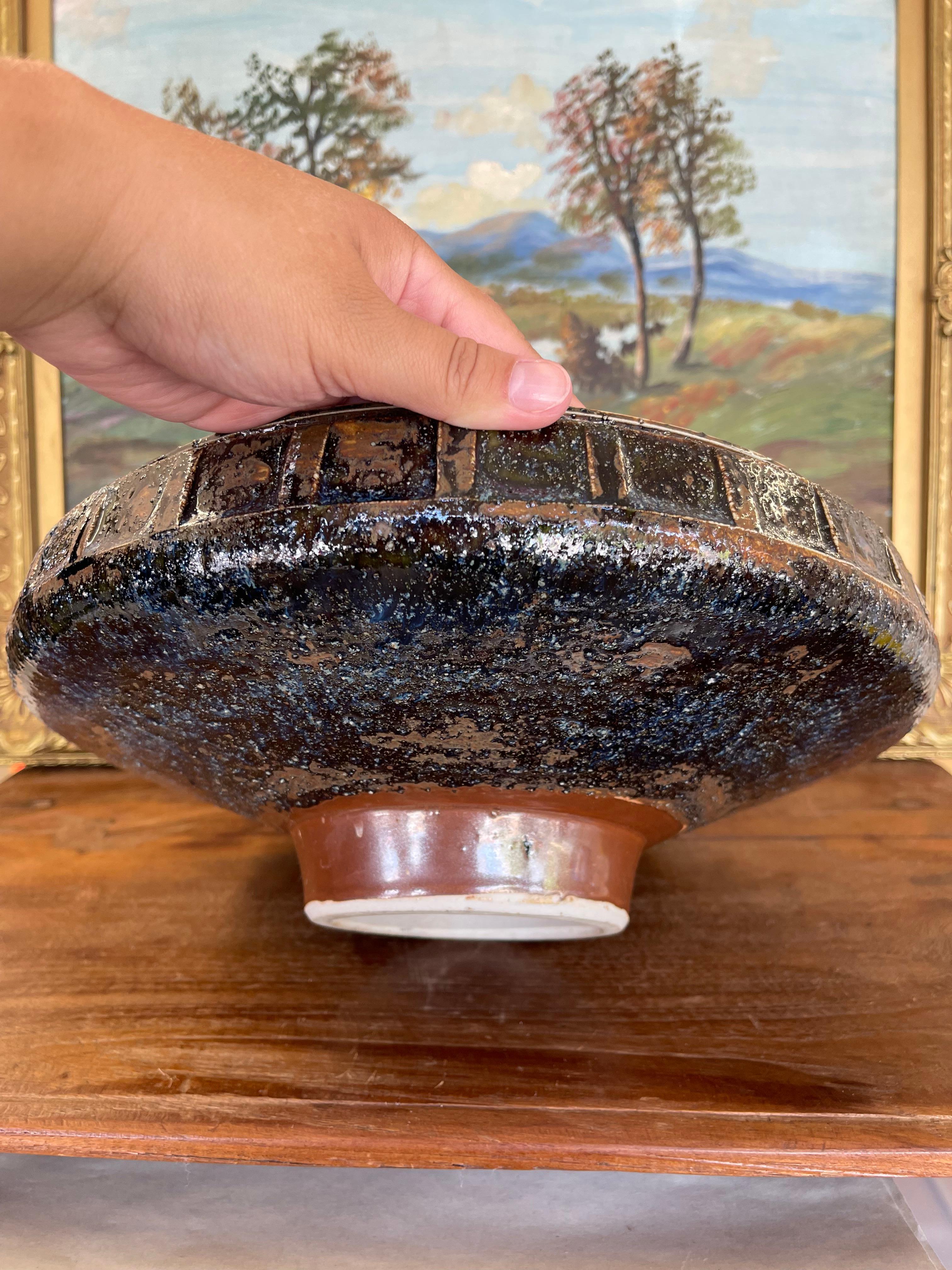 Mid-Century Modern Glazed Studio Pottery Pedestal Bowl with Textured Lava For Sale 2
