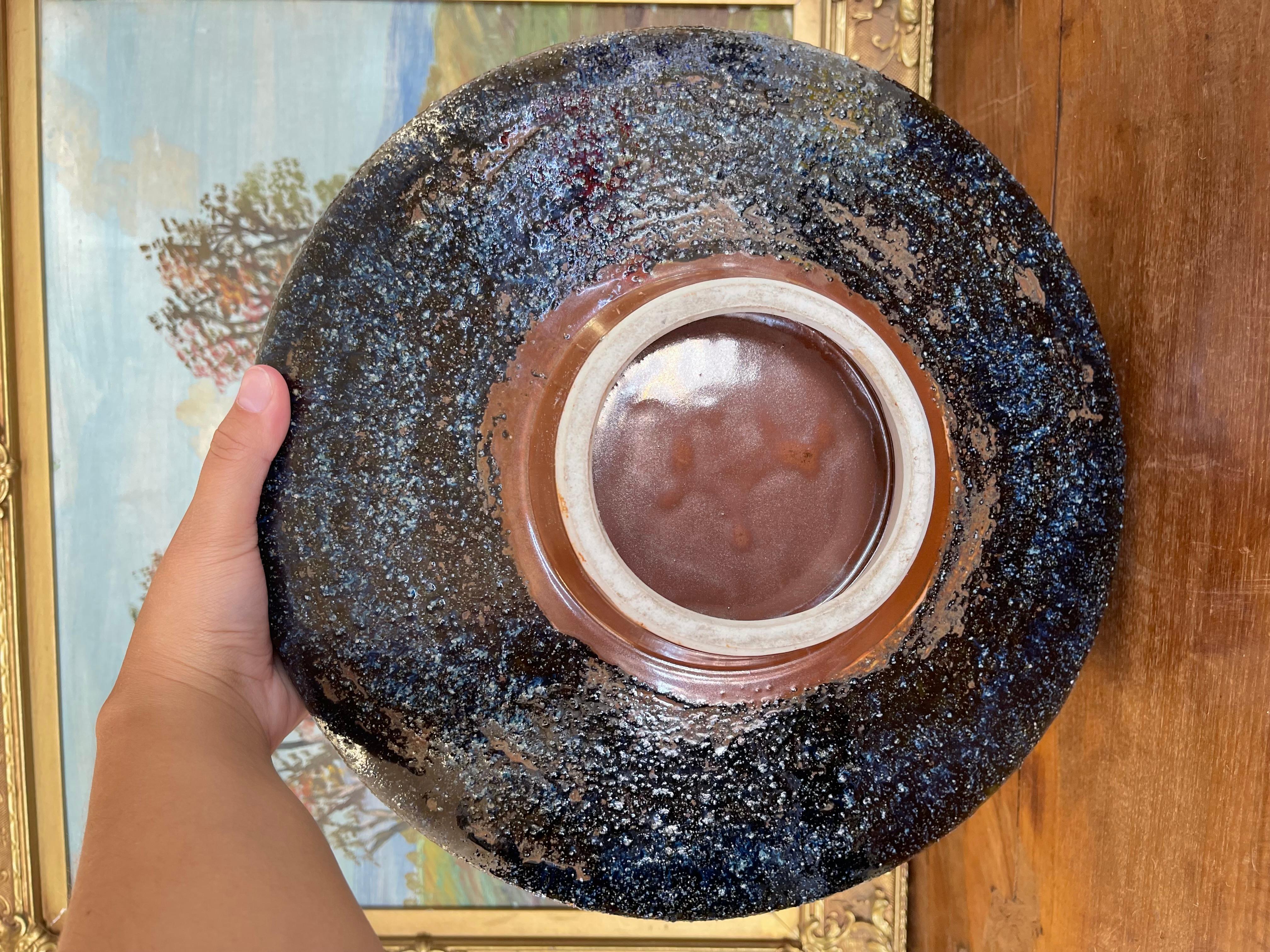 Mid-Century Modern Glazed Studio Pottery Pedestal Bowl with Textured Lava For Sale 4