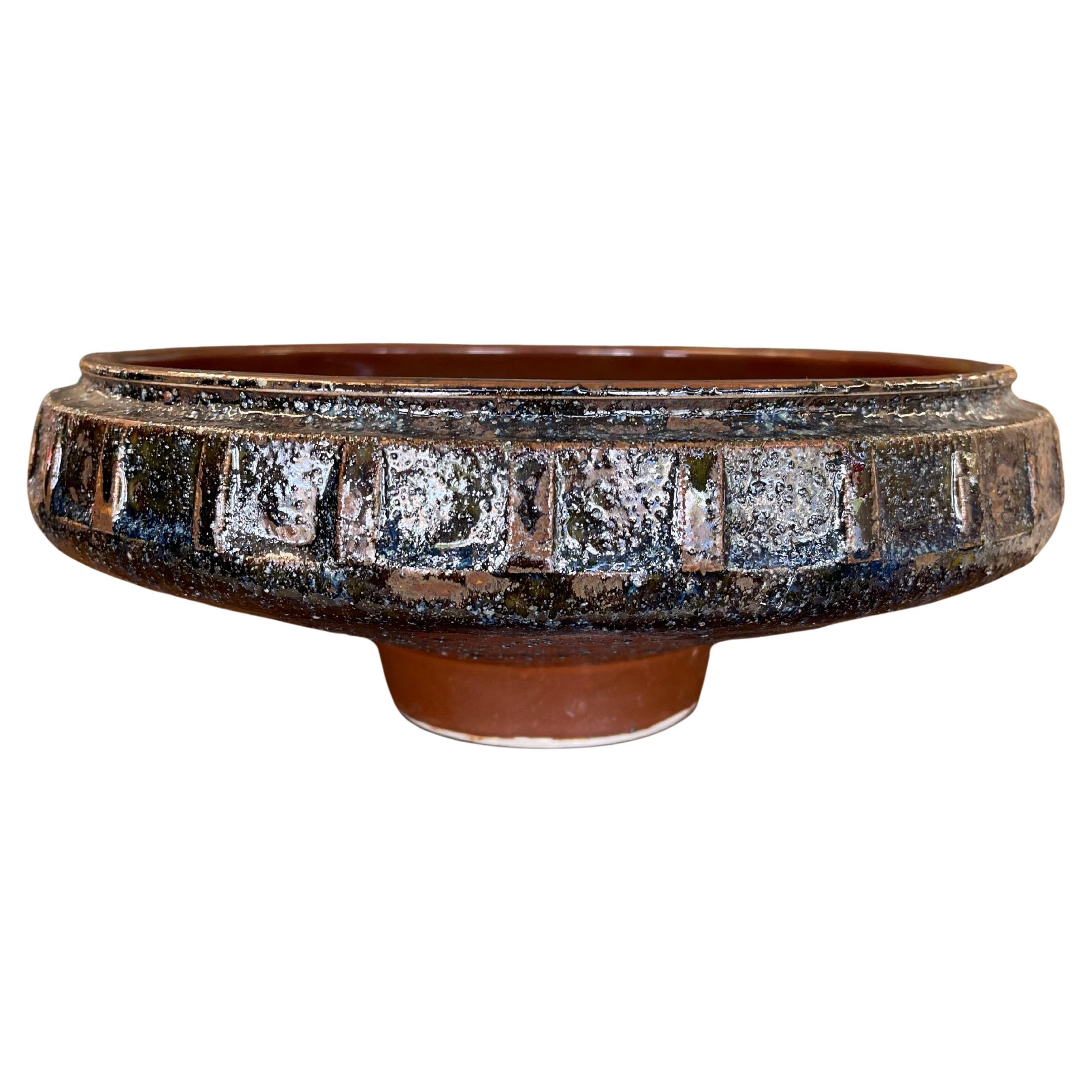 Mid-Century Modern Glazed Studio Pottery Pedestal Bowl with Textured Lava For Sale