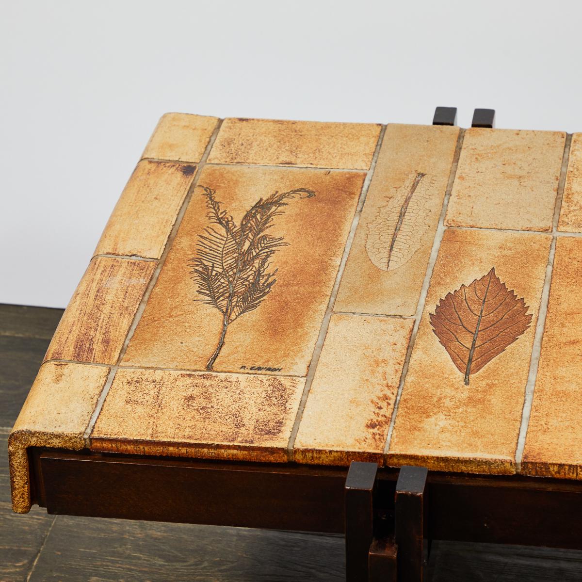 Mid-Century Modern Mid Century Modern Glazed Tile Top Walnut Coffee Table with Leaf Motif