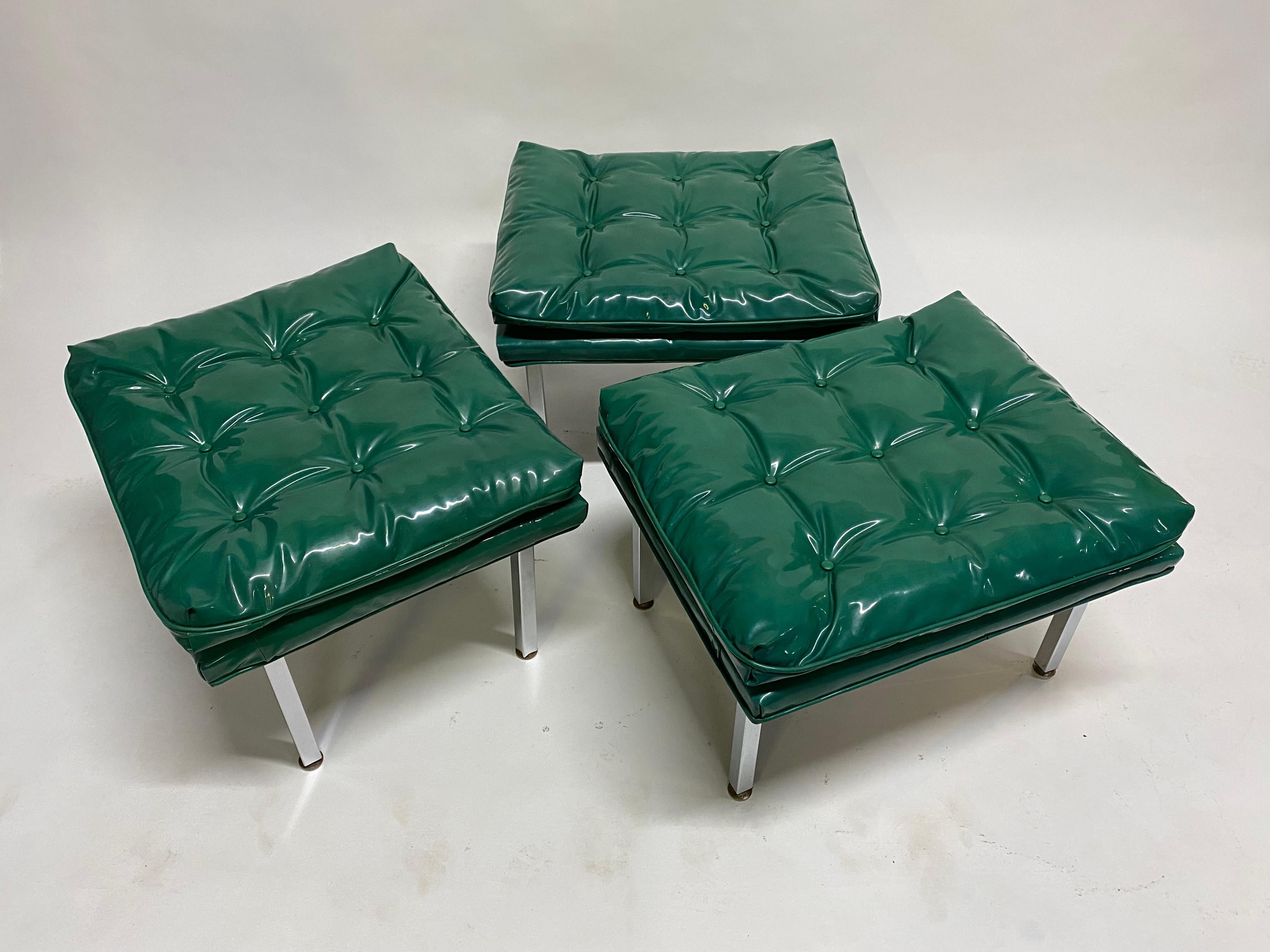 American Mid-Century Modern Glossy Tufted Kelly Green Upholstered Stools, Set of Three