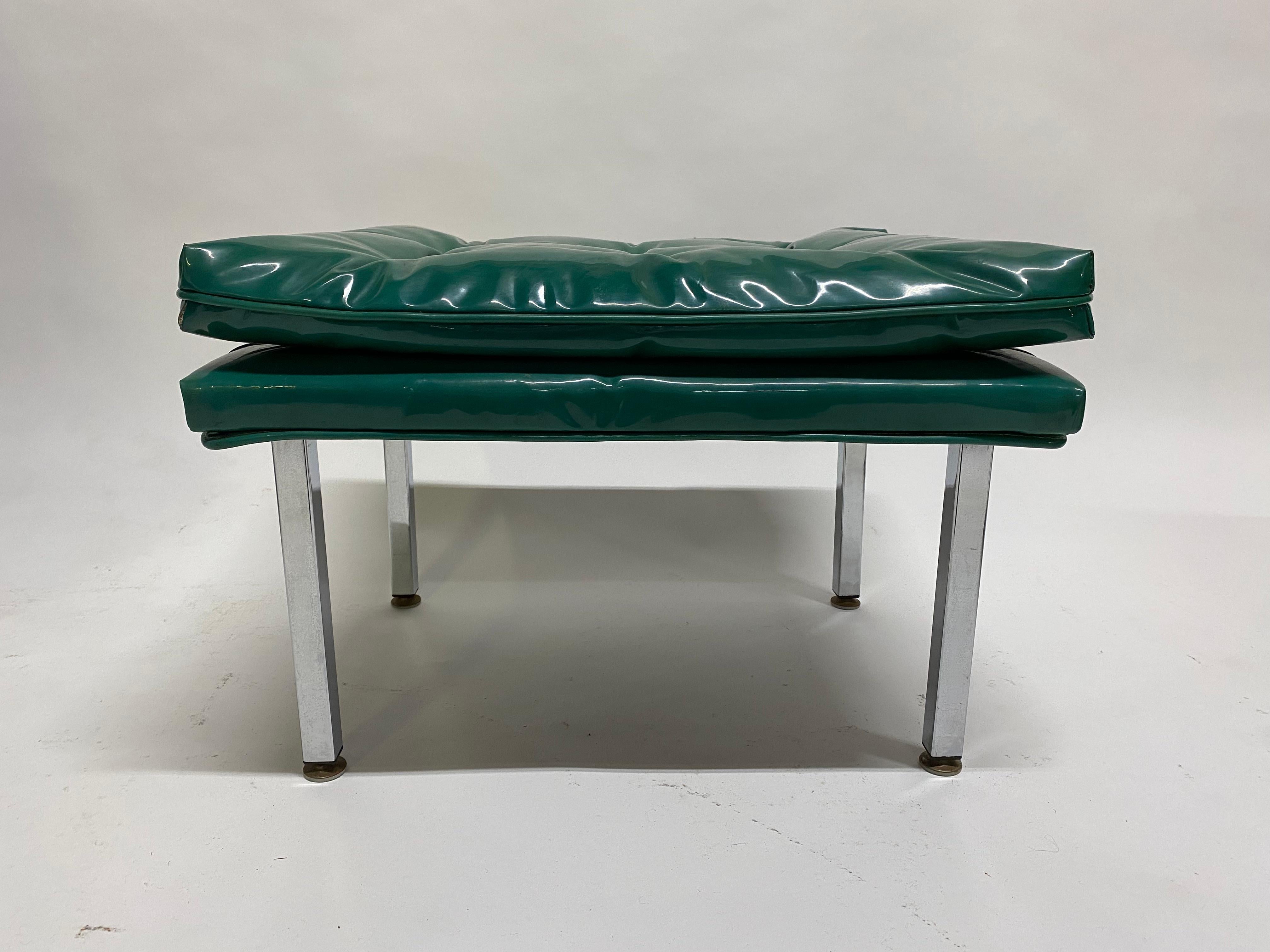 Aluminum Mid-Century Modern Glossy Tufted Kelly Green Upholstered Stools, Set of Three