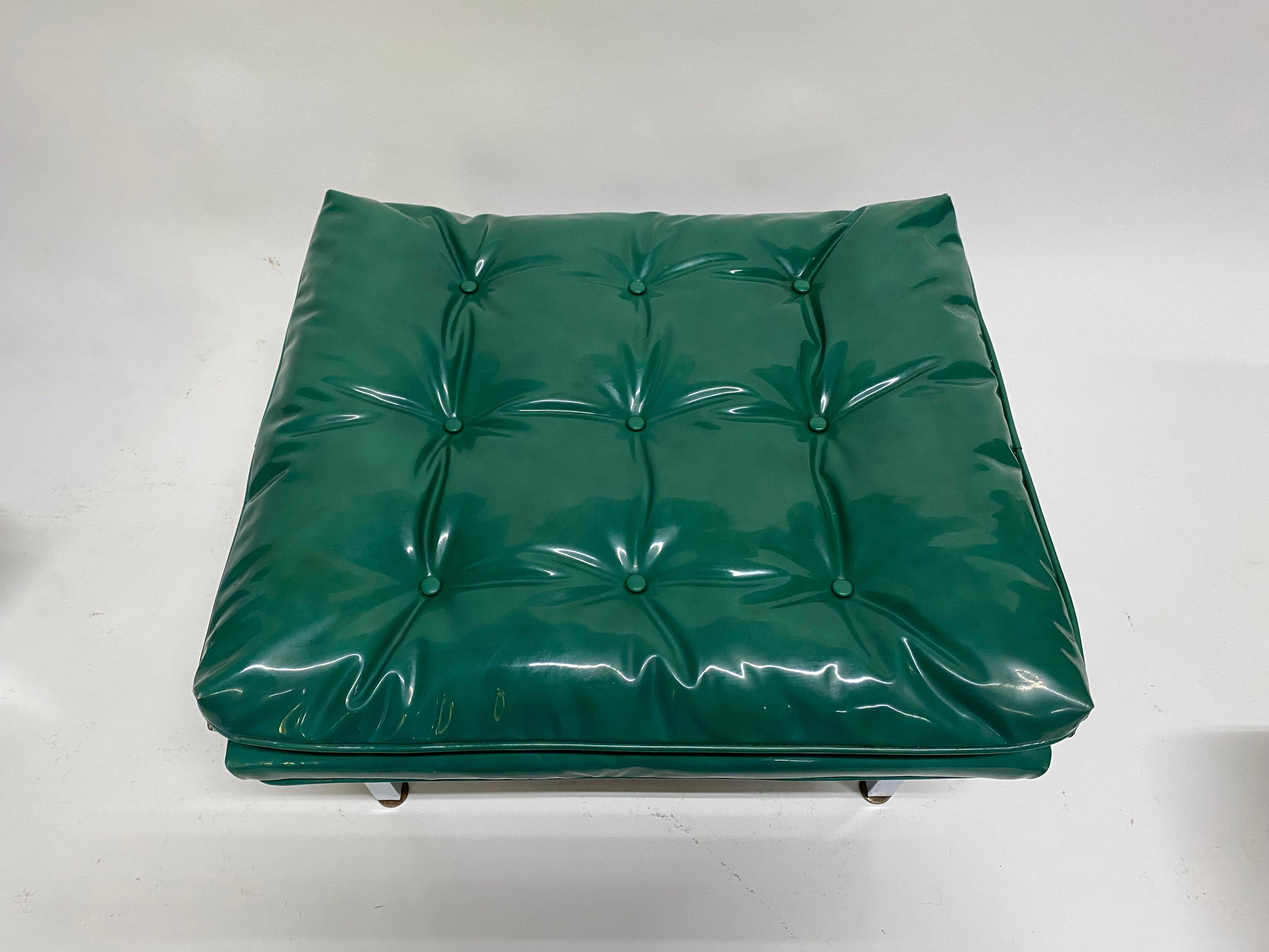 Mid-Century Modern Glossy Tufted Kelly Green Upholstered Stools, Set of Three 1