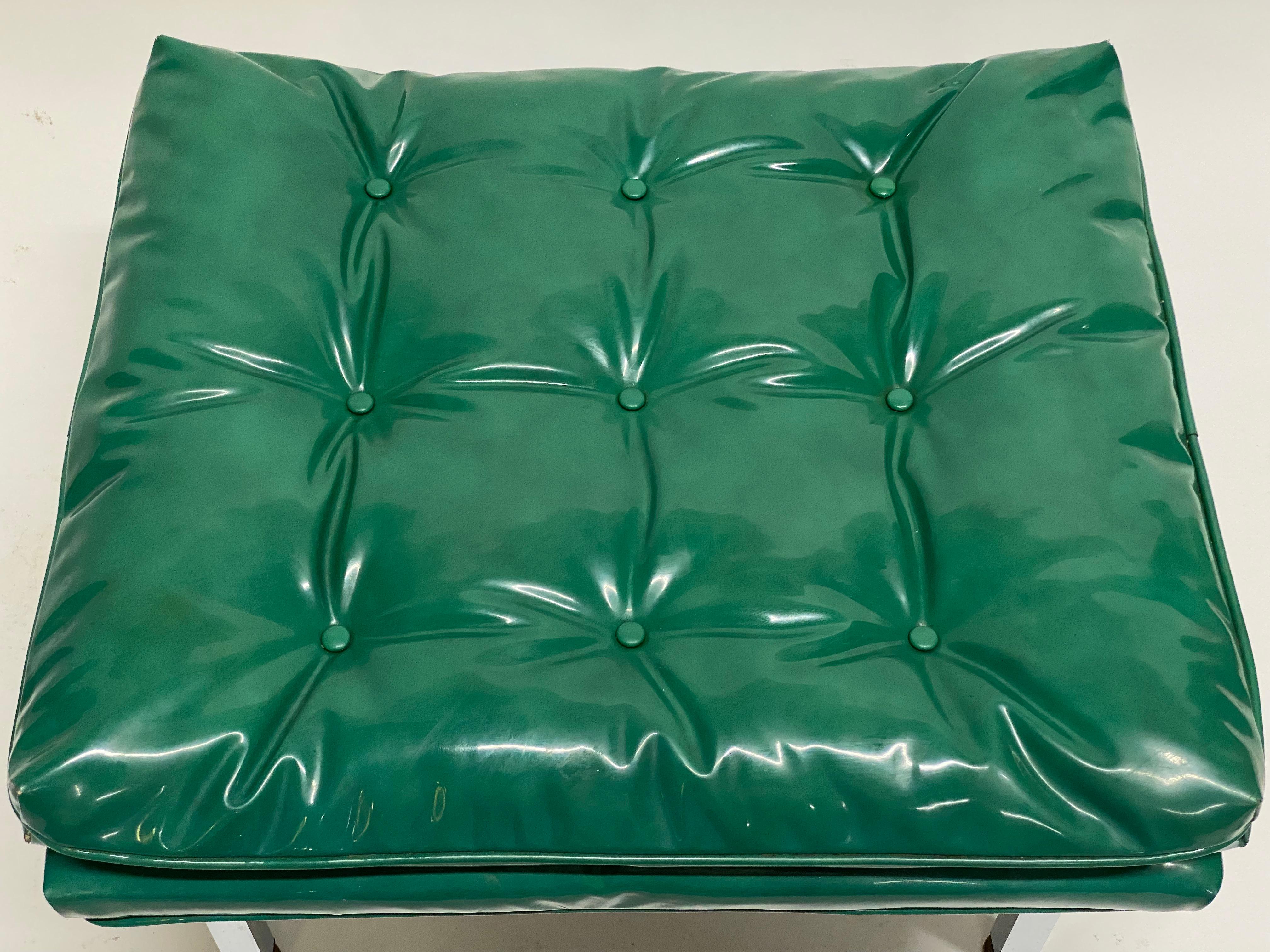 Mid-Century Modern Glossy Tufted Kelly Green Upholstered Stools, Set of Three 2