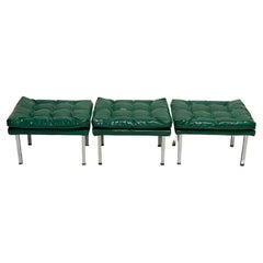 Mid-Century Modern Glossy Tufted Kelly Green Upholstered Stools, Set of Three