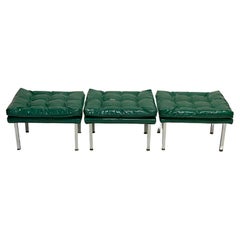 Used Mid-Century Modern Glossy Tufted Kelly Green Upholstered Stools, Set of Three