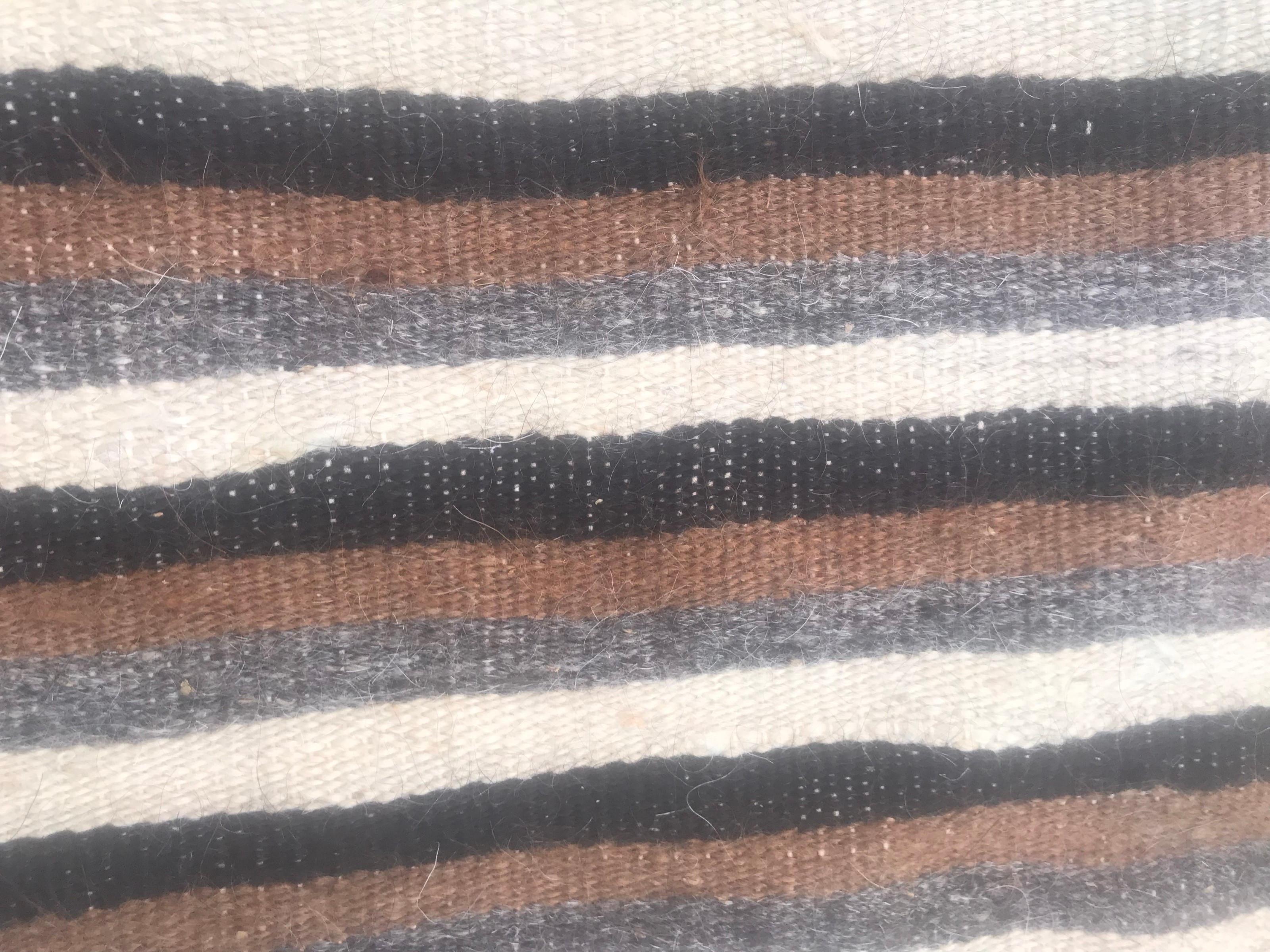 Cotton Bobyrug’s Mid-Century Modern Goat Hair Moroccan Rug with Stripes For Sale